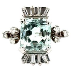 12 Carat Aquamarine and Diamond Gold Mid Century Modern Statement Ring
