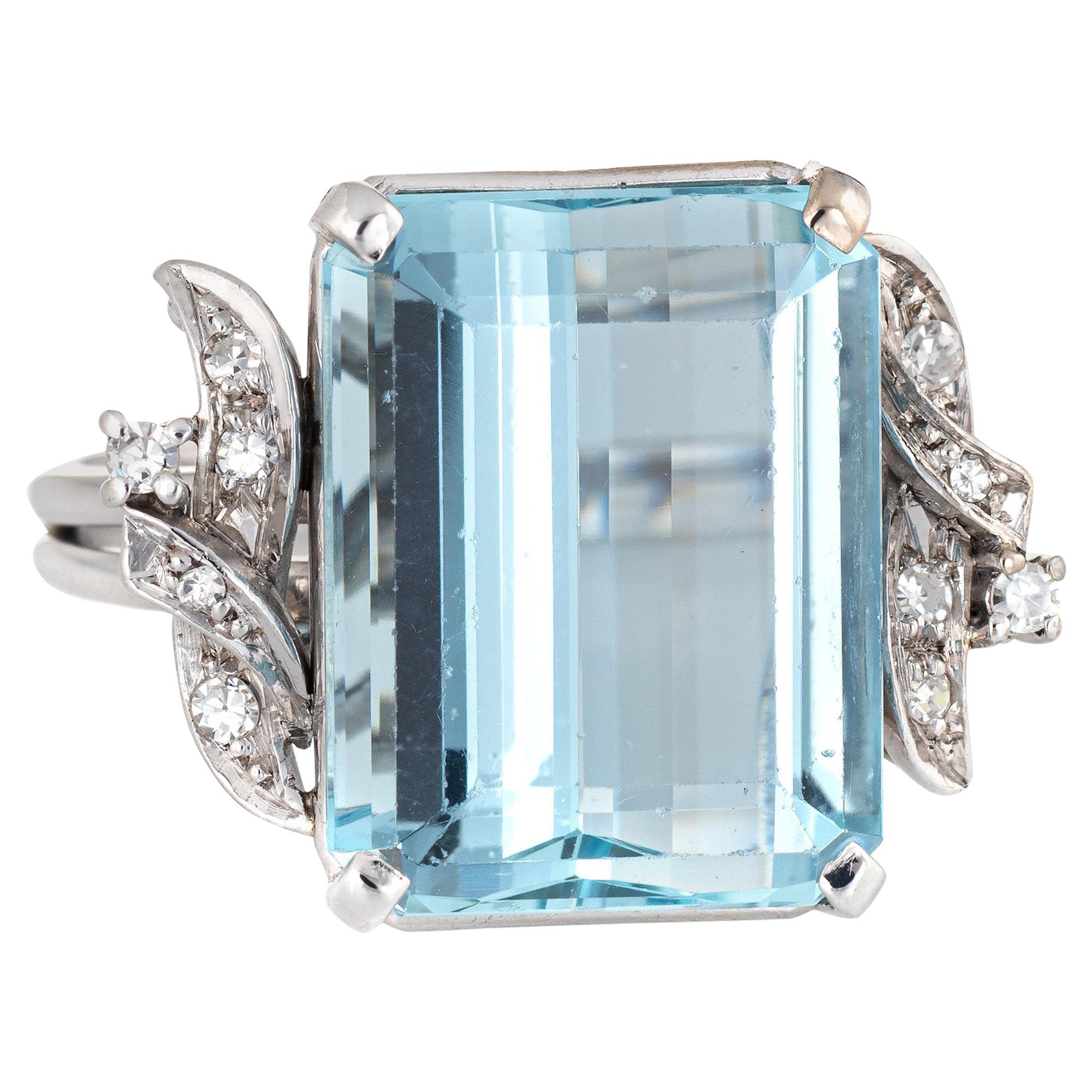 12 Carat Aquamarine Diamond Ring Vintage 18k White Gold Fine Cocktail Jewelry