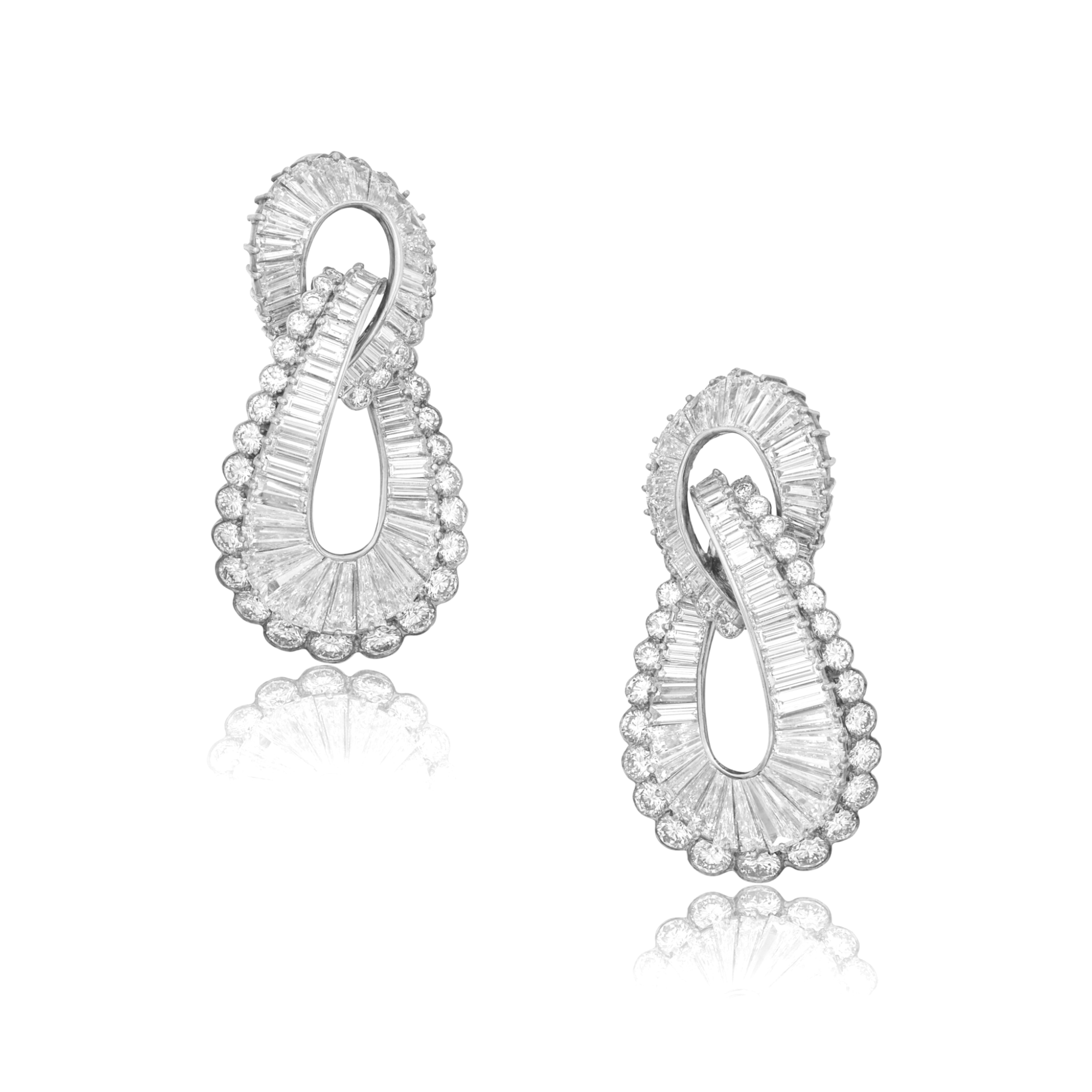 12 Carat Baguette and Round Diamond Twist Platinum Earrings