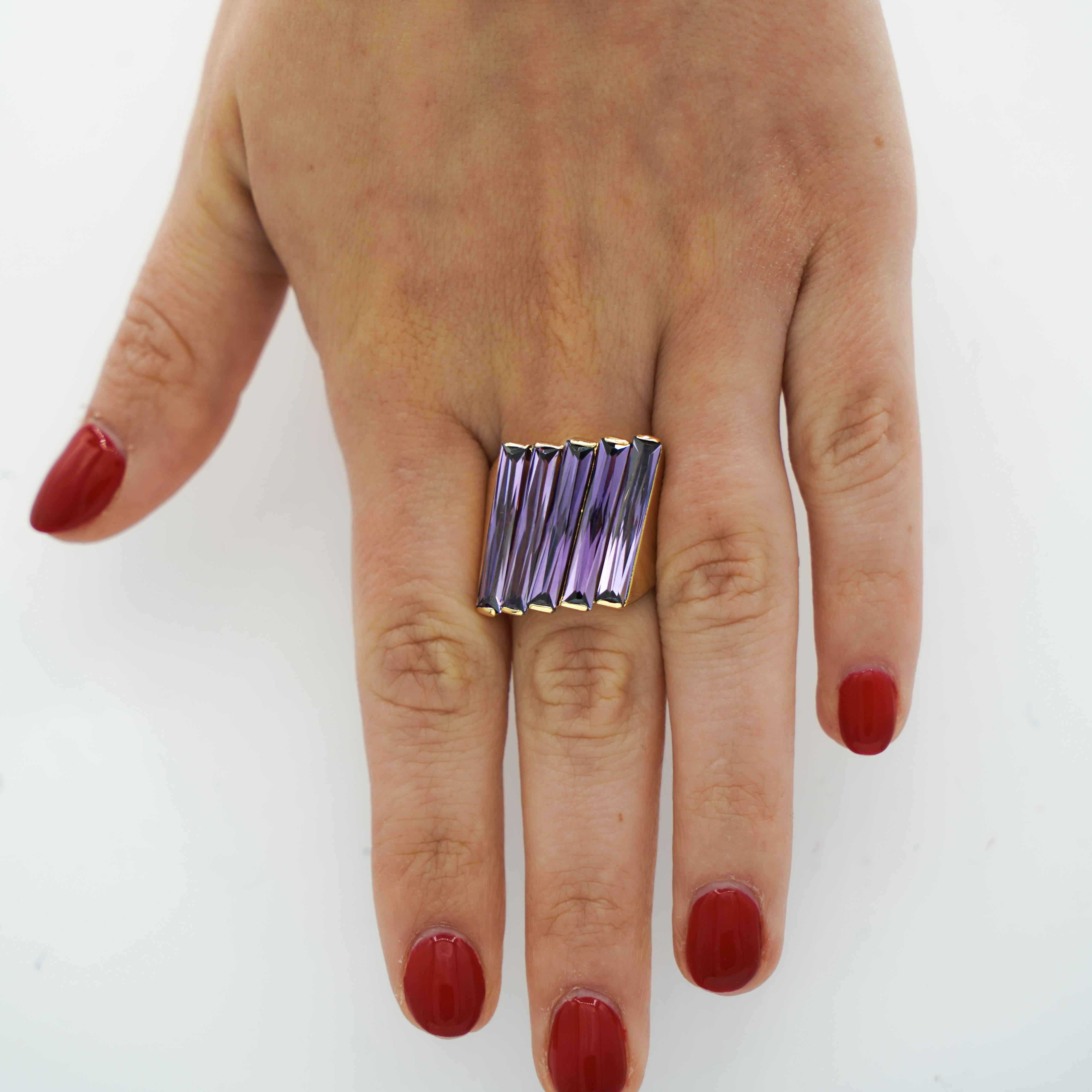 Vintage Amethyst Cocktail Ring 18KY (Italian made) - Amethyst - 12ct (long baguette cut) / 14.5g / 7.5 ring size

This vintage 18K yellow gold cocktail ring features 12 carats of long baguette-cut purple amethysts, showcasing bold Italian