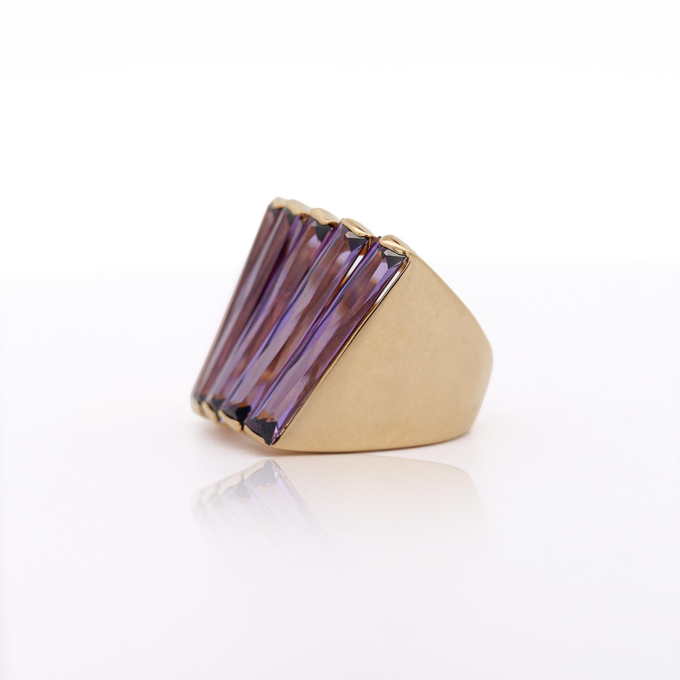 Women's 12 Carat Baguette Cut Amethyst 18K Gold Italian Cocktail Ring For Sale