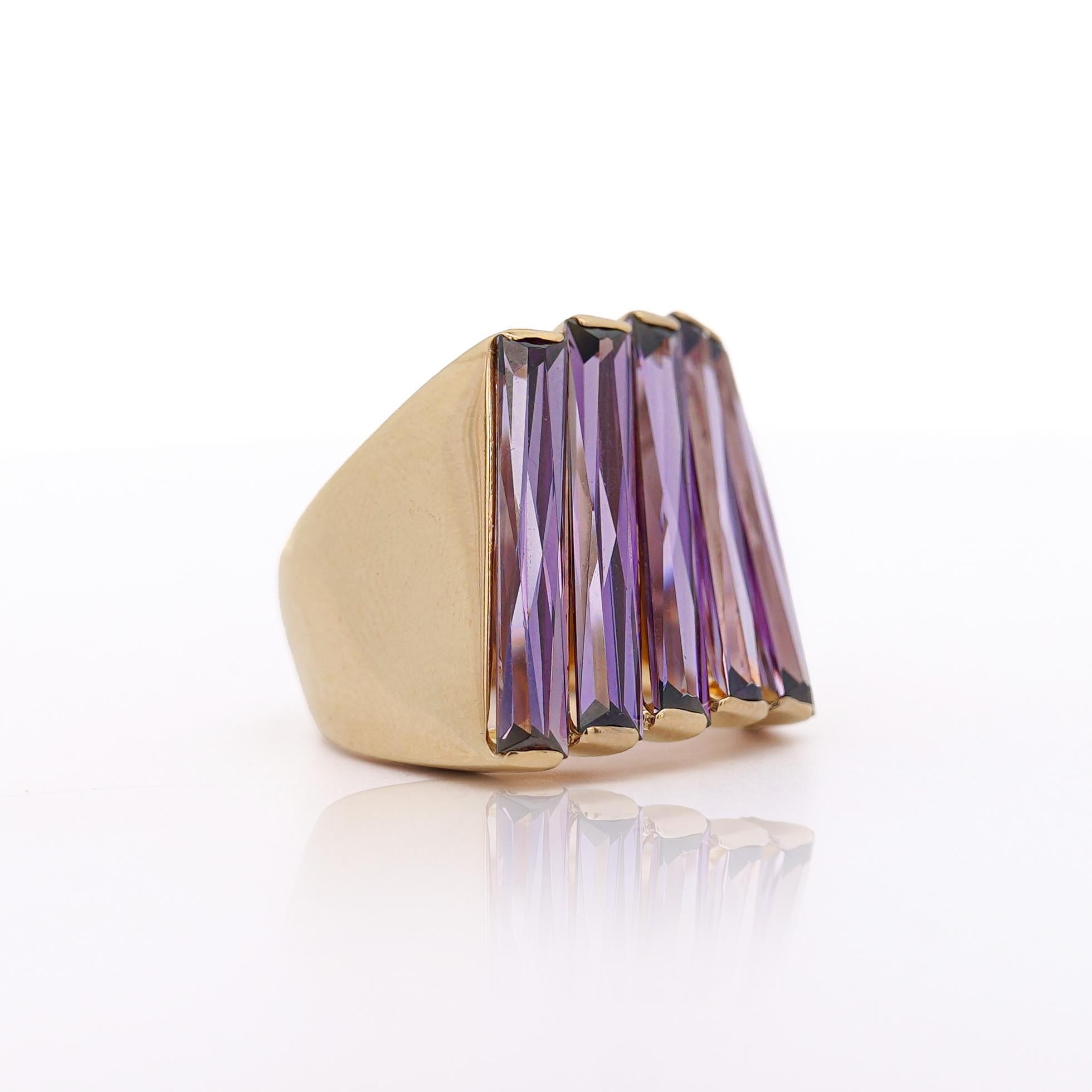 Women's 12 Carat Baguette Cut Amethyst 18K Gold Italian Cocktail Ring For Sale