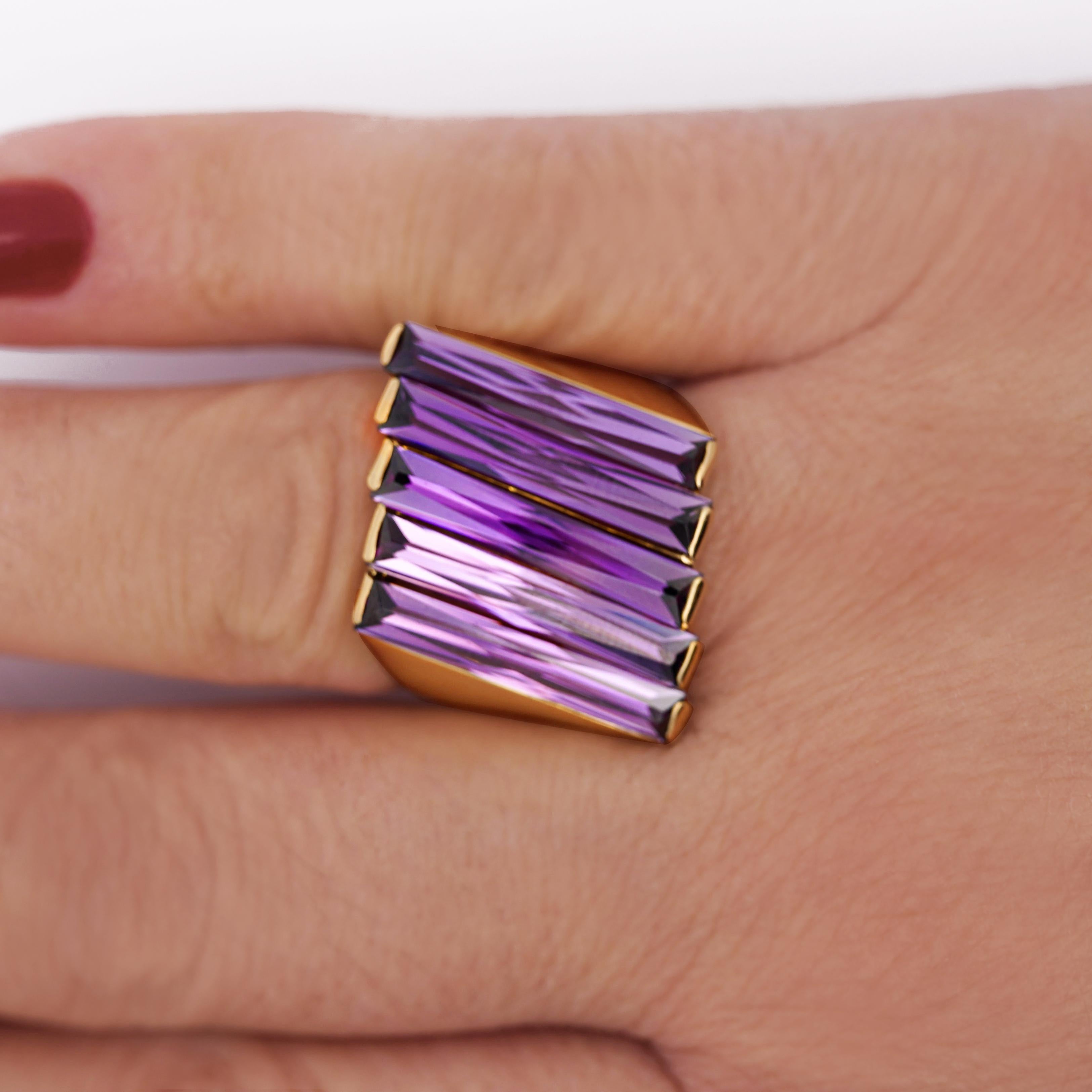 12 Carat Baguette Cut Amethyst 18K Gold Italian Cocktail Ring For Sale 3
