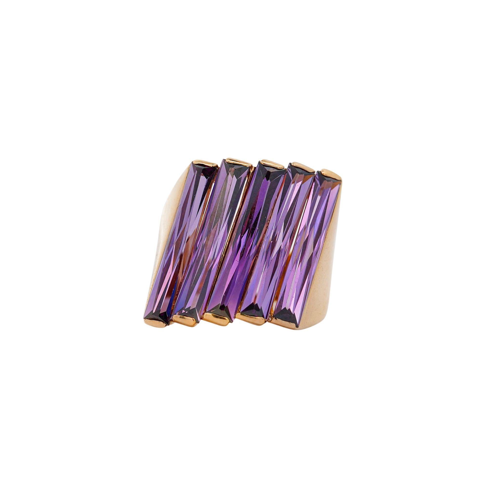 12 Carat Baguette Cut Amethyst 18K Gold Italian Cocktail Ring For Sale 4