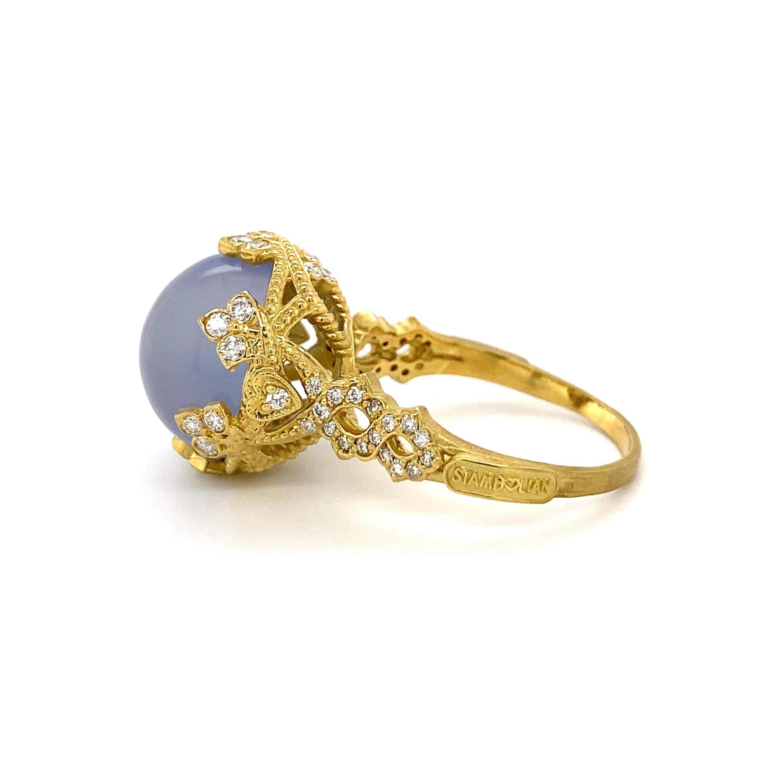 Mixed Cut 12 Carat Blue Chalcedony Diamond Designer Stambolian Ring Estate Fine Jewelry For Sale