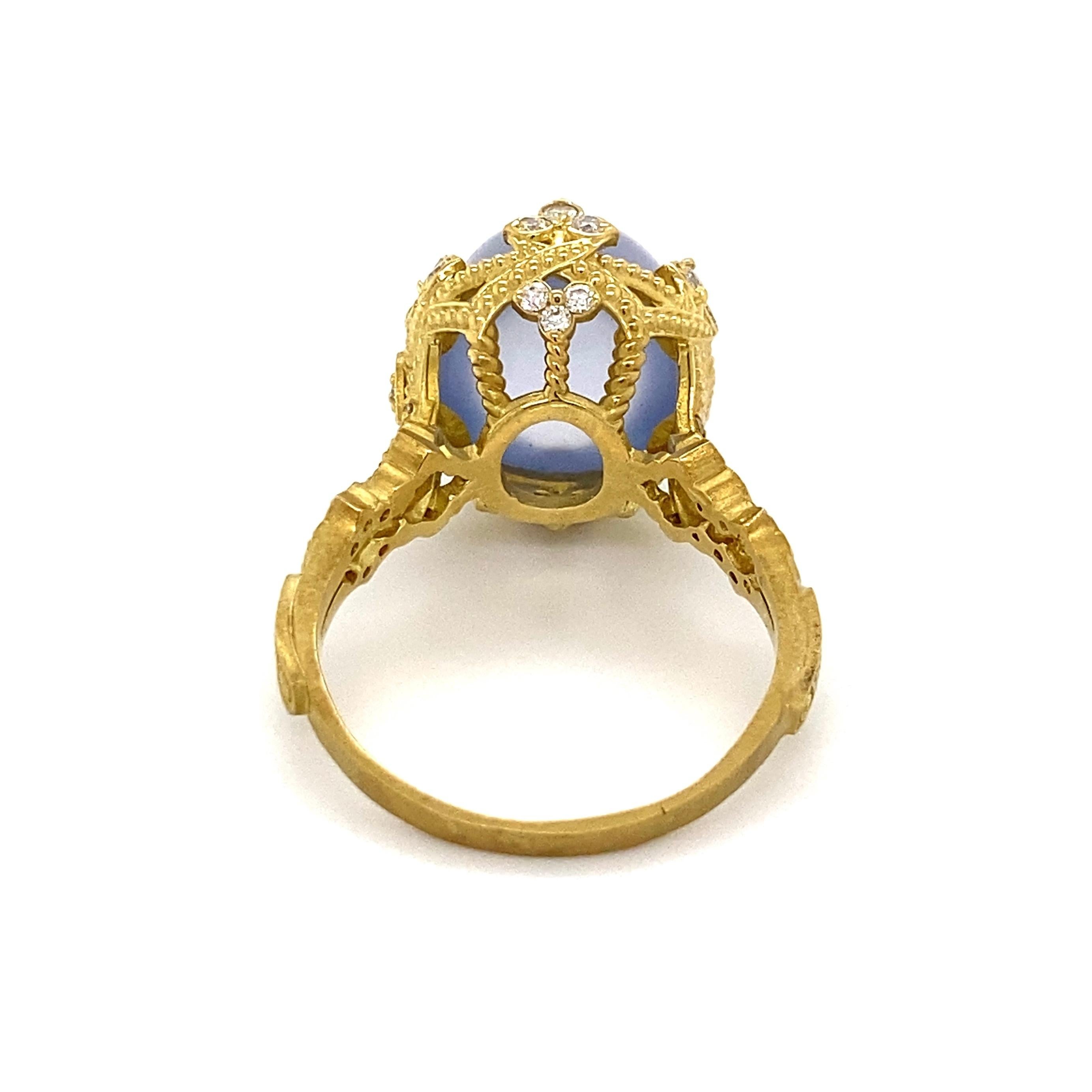 Women's 12 Carat Blue Chalcedony Diamond Designer Stambolian Ring Estate Fine Jewelry For Sale