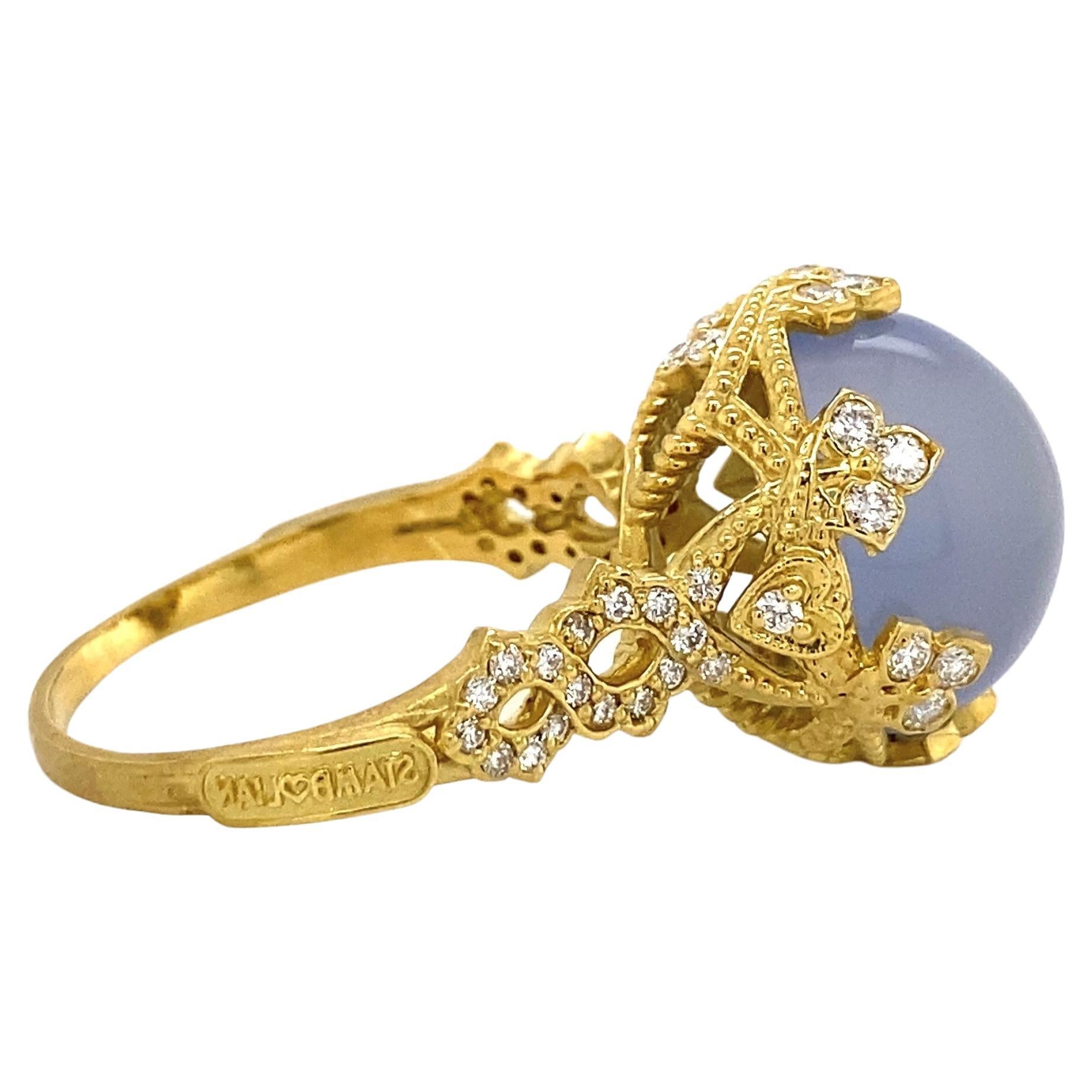 12 Carat Blue Chalcedony Diamond Designer Stambolian Ring Estate Fine Jewelry For Sale