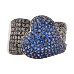 1.2 Carat Blue Sapphire and Black Diamond Ring in 14 Karat White Gold