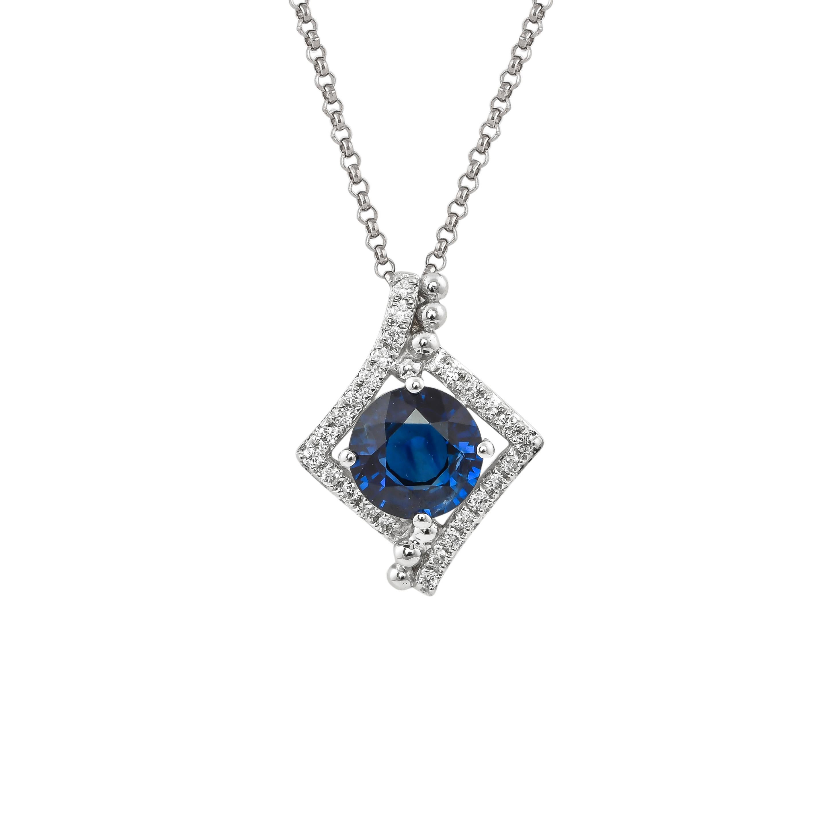 Contemporary 1.2 Carat Blue Sapphire and Diamond Pendant with Chain in 18 Karat White Gold For Sale