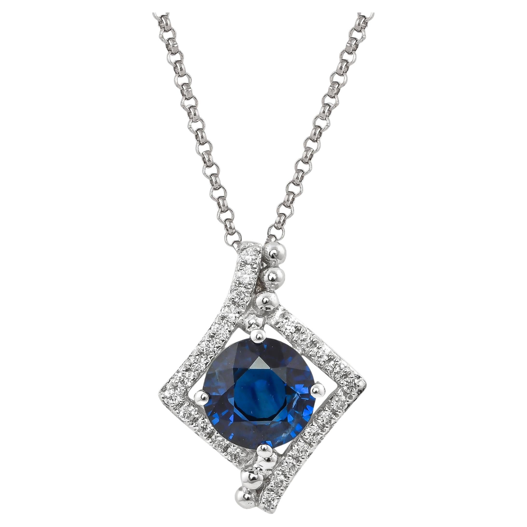 1.2 Carat Blue Sapphire and Diamond Pendant with Chain in 18 Karat White Gold For Sale