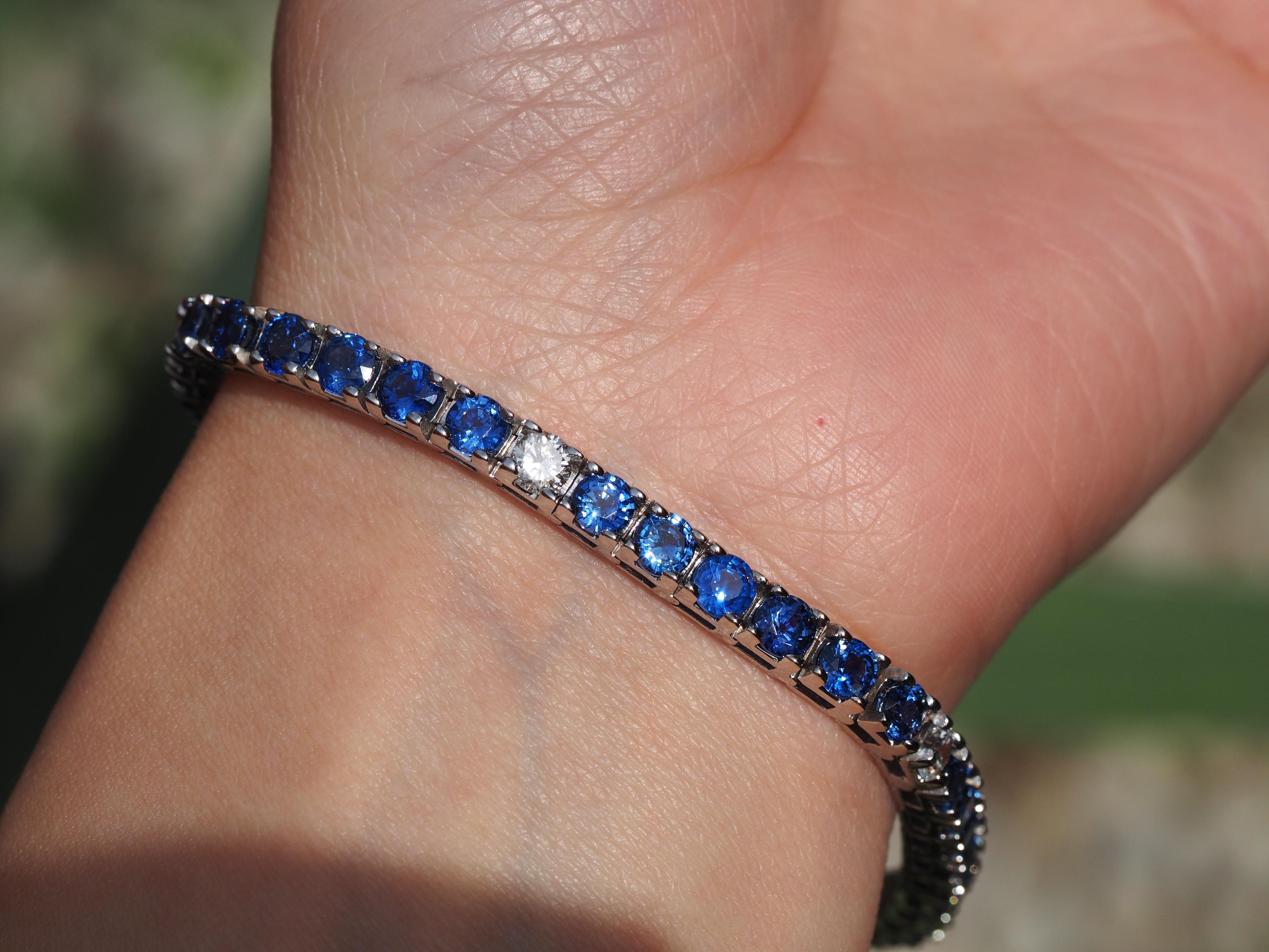 Retro 12 Carat Blue Sapphire and Diamond Tennis Bracelet