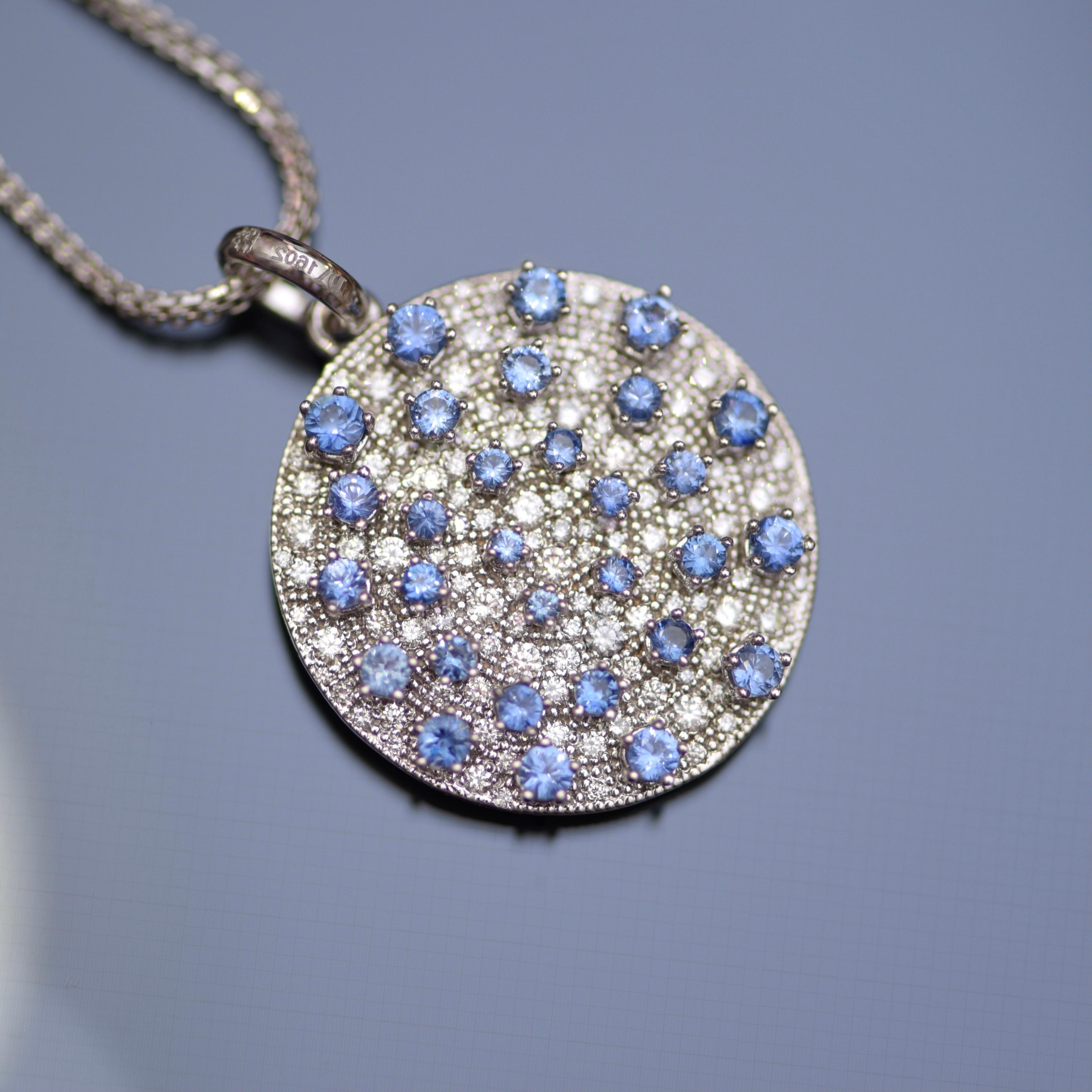 D&A Style presents the whimsical Blue Sapphire and diamonds Pendant from the Galaxy Collection - something unique and unusual. You could wear this pendant both sides - on the first side there are diamonds and blue sapphires - as a Milky way pattern,