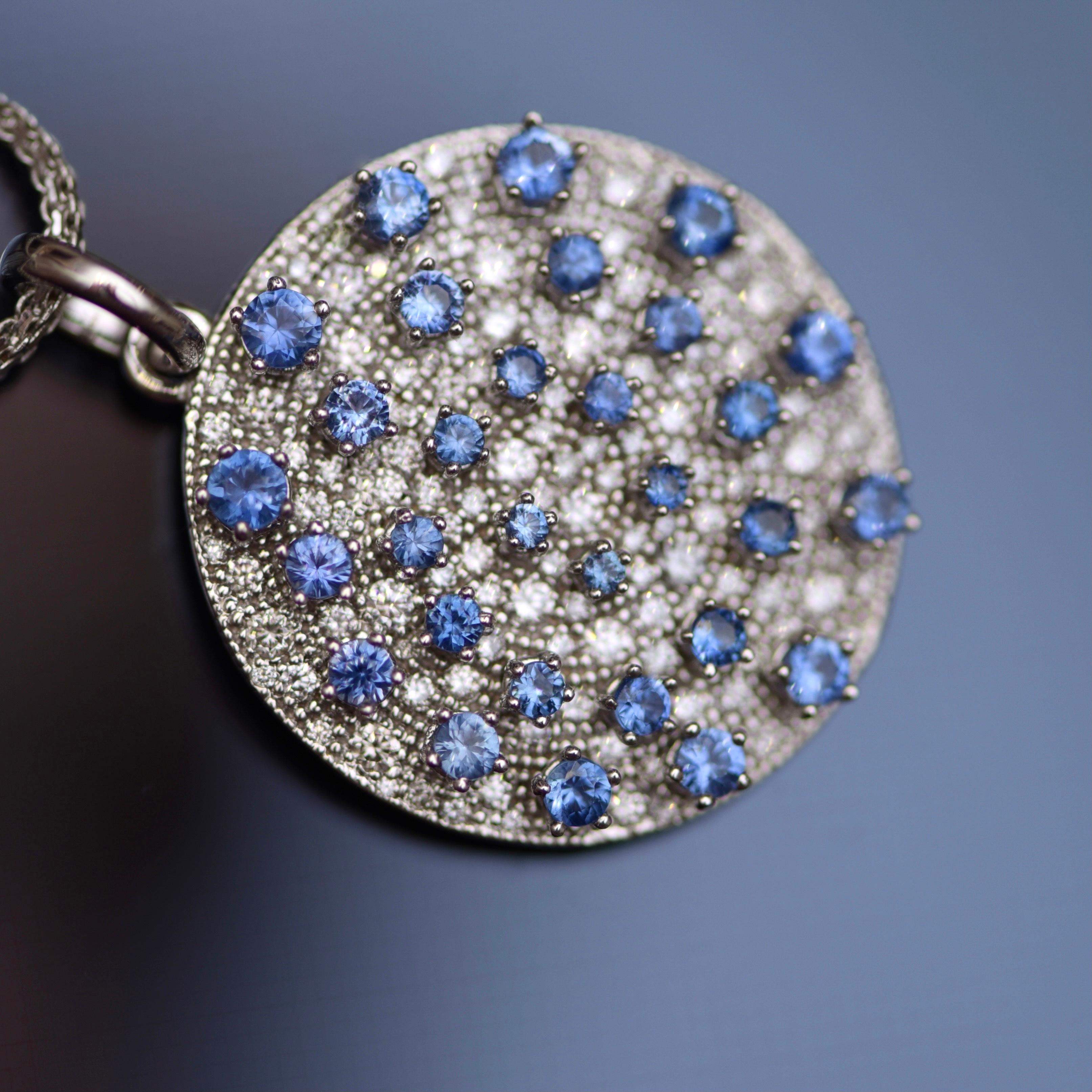 Round Cut 1.2 Carat Blue Sapphire Diamonds 18 Karat White Gold Galaxy Pendant by D&A For Sale