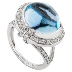 Bague royale pour femmes en or blanc massif 18 carats avec topaze bleue de 12 carats et halo de diamants