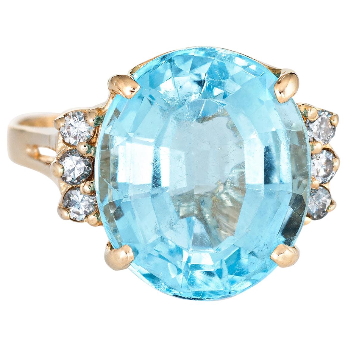 12 Carat Blue Topaz Diamond Ring Estate 14 Karat Gold Oval Cut Cocktail Jewelry