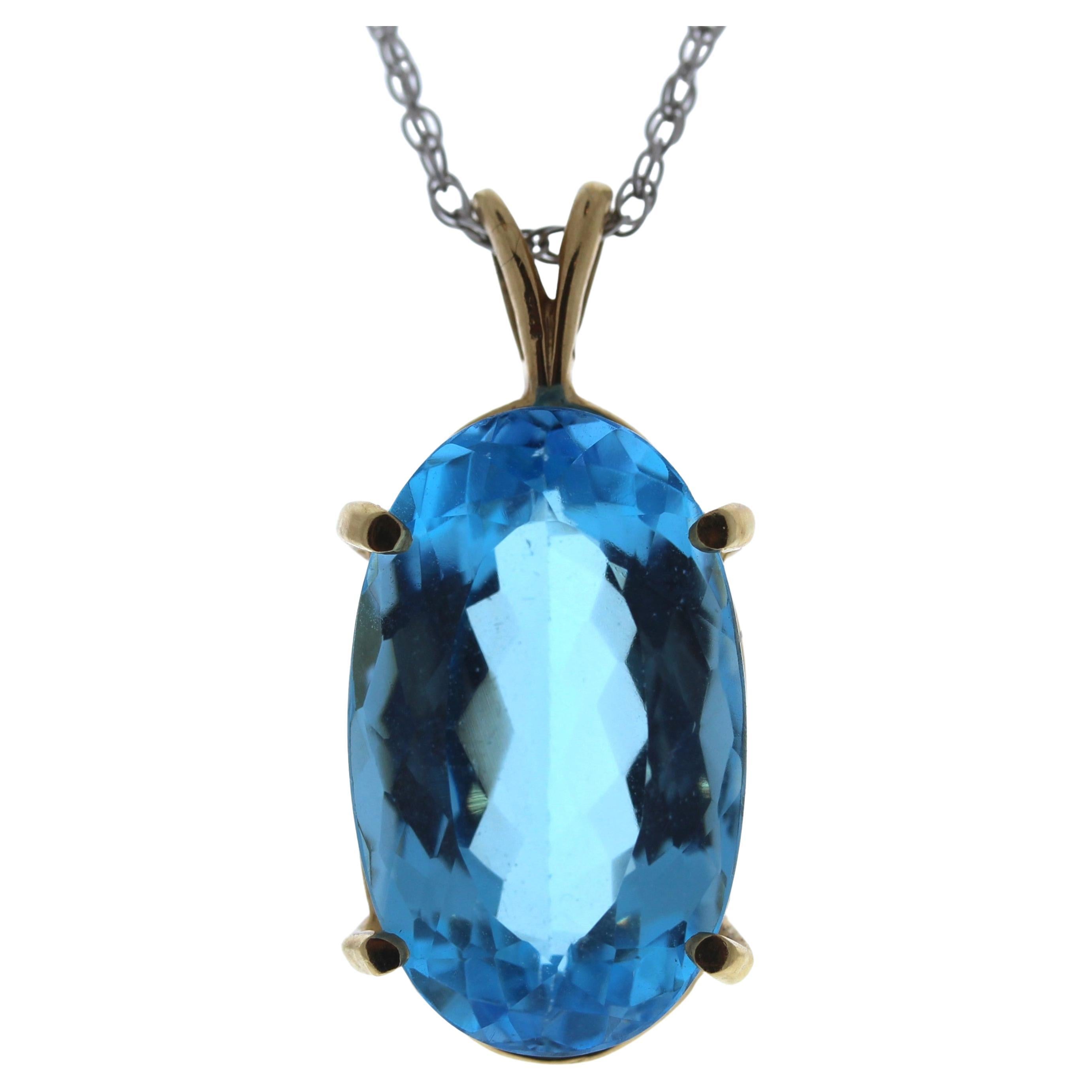 12 Carat Blue Topaz Oval Cut Fashion Pendant in 14k Yellow Gold For ...