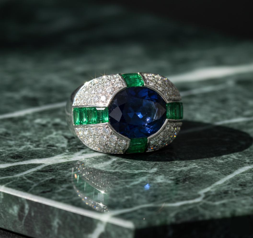 Oval Cut 12 Carat Bulgari Ceylon Sapphire, Colombian Emerald, and Diamond Ring For Sale