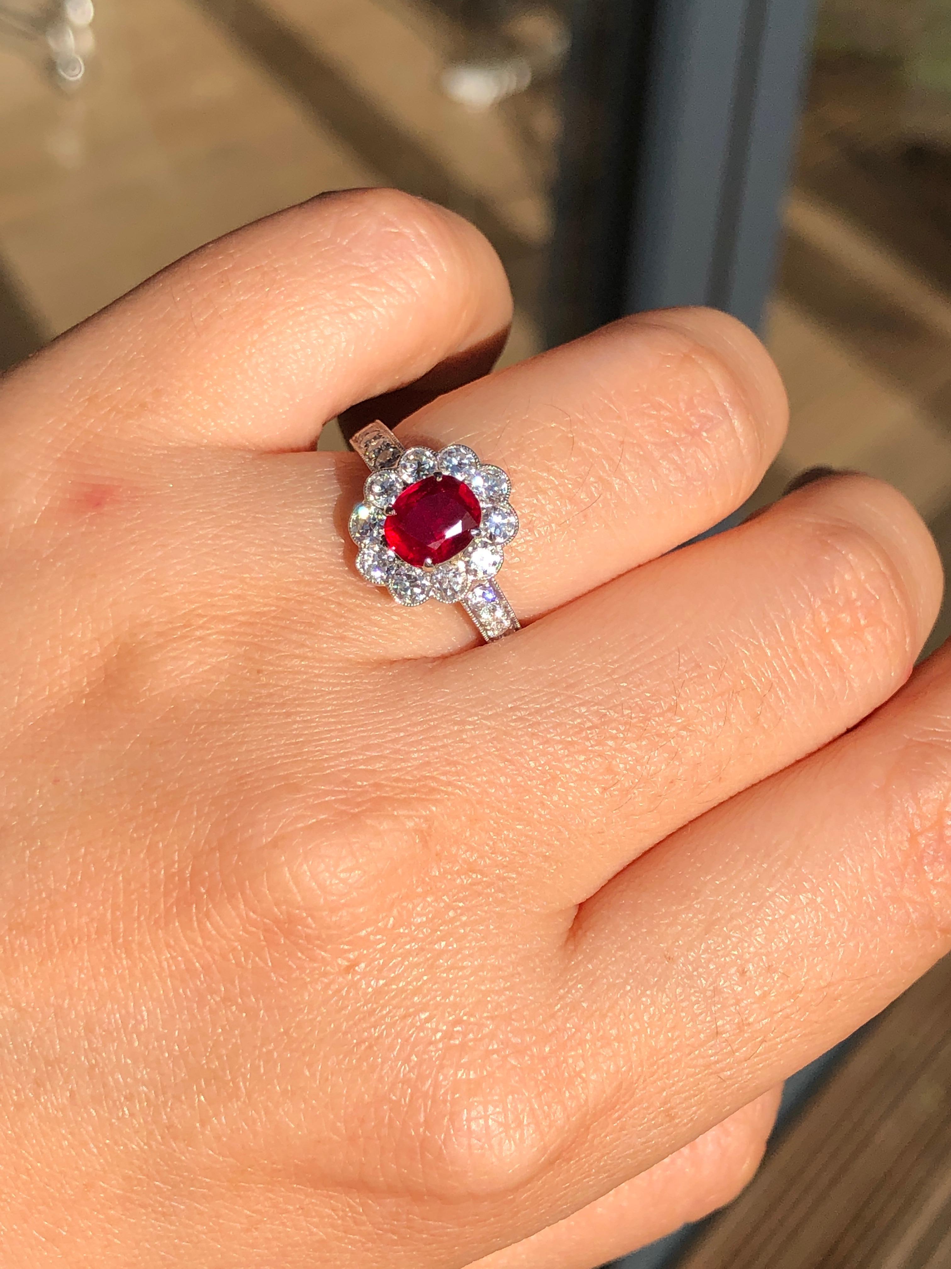 Old European Cut Burma No Heat Pigeon Blood SSEF Certified Ruby and Diamond Ring