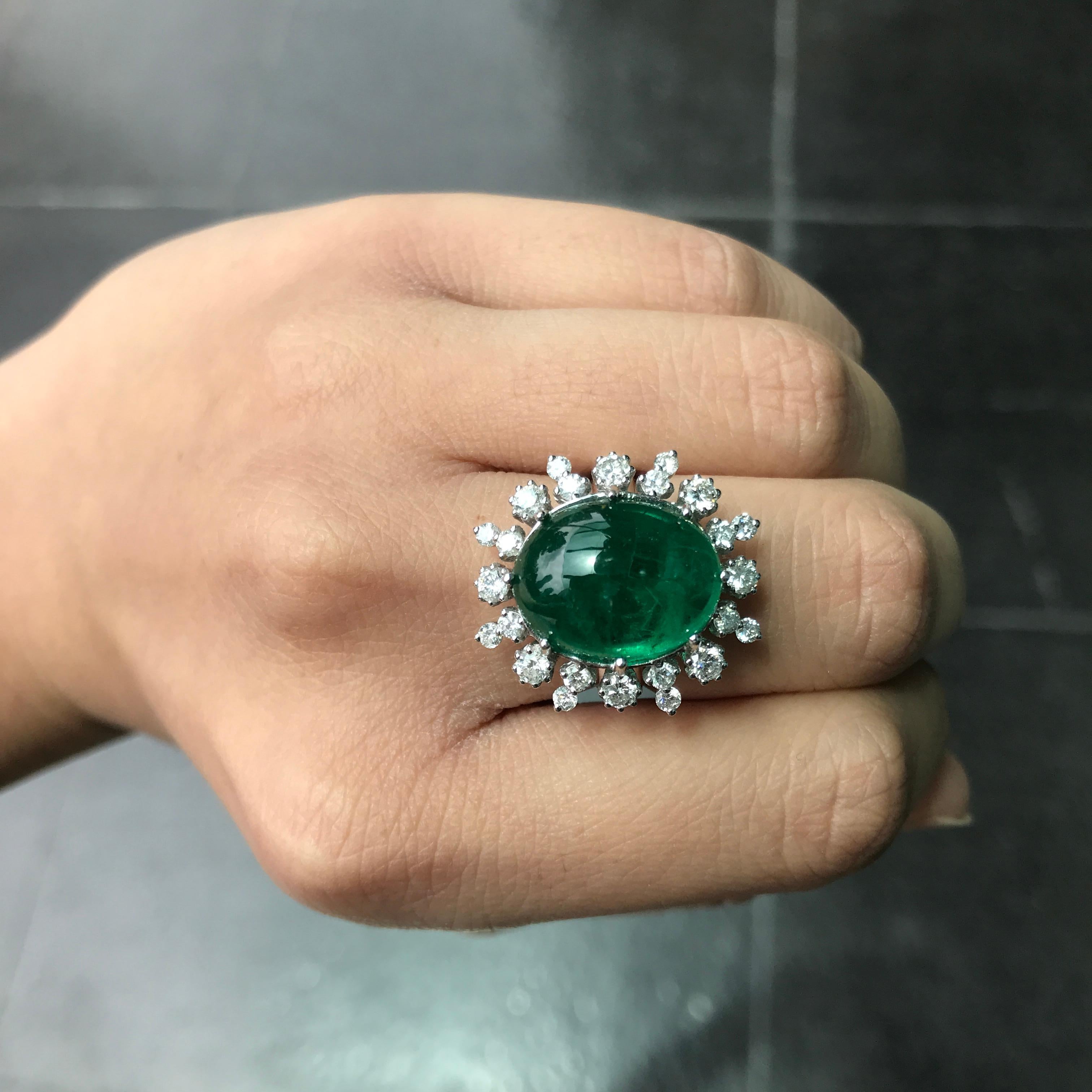 Art Deco 12 Carat Cabochon Emerald and Diamond Cocktail Ring
