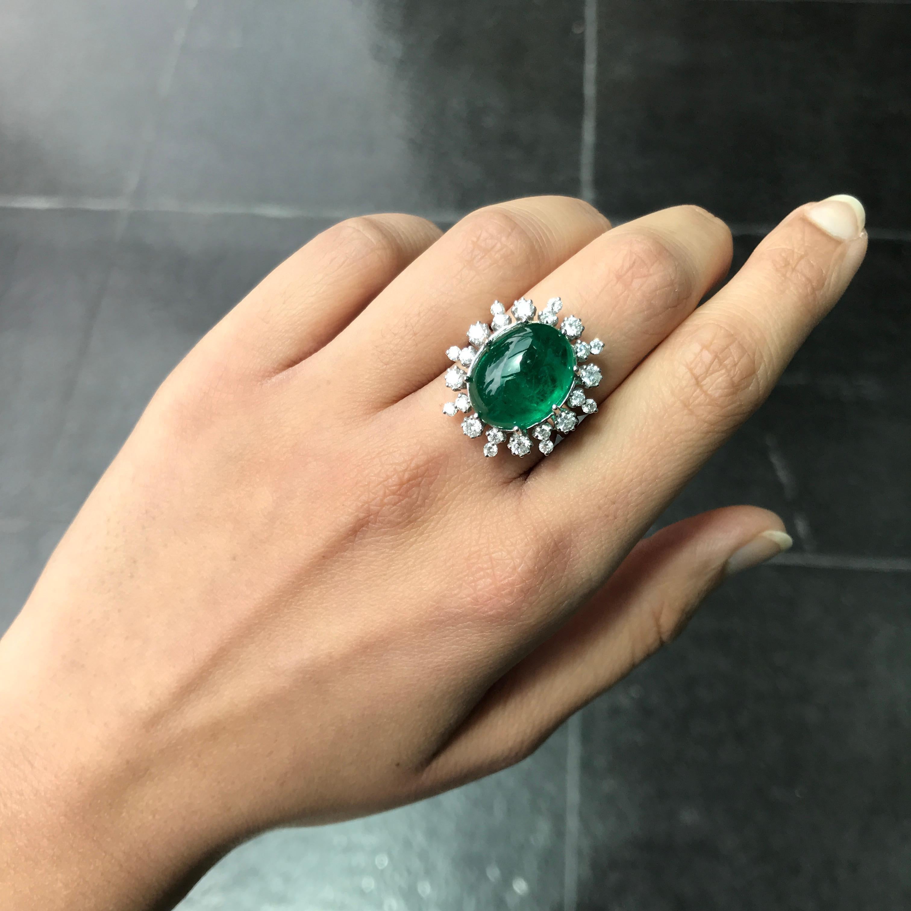 Oval Cut 12 Carat Cabochon Emerald and Diamond Cocktail Ring