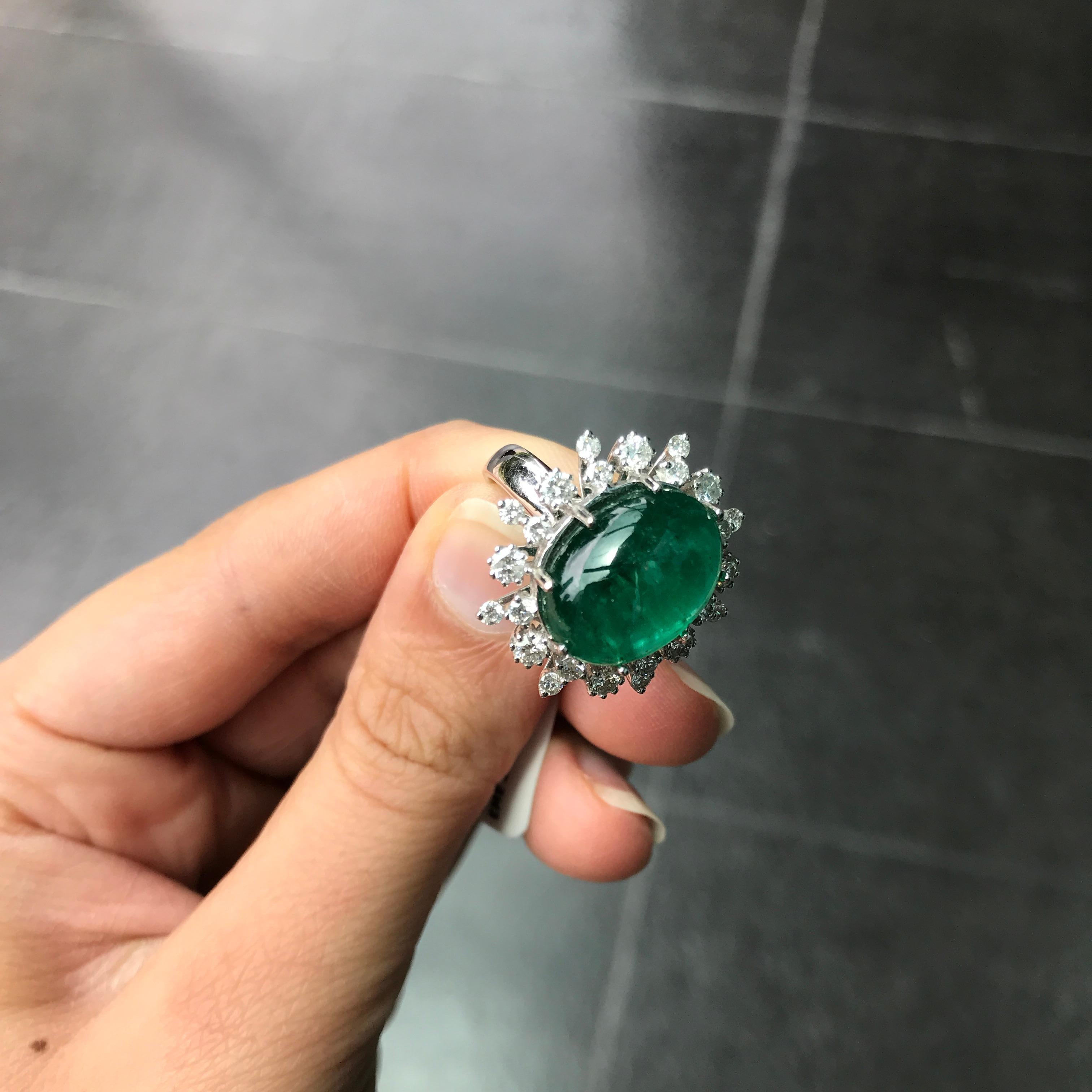 Women's 12 Carat Cabochon Emerald and Diamond Cocktail Ring