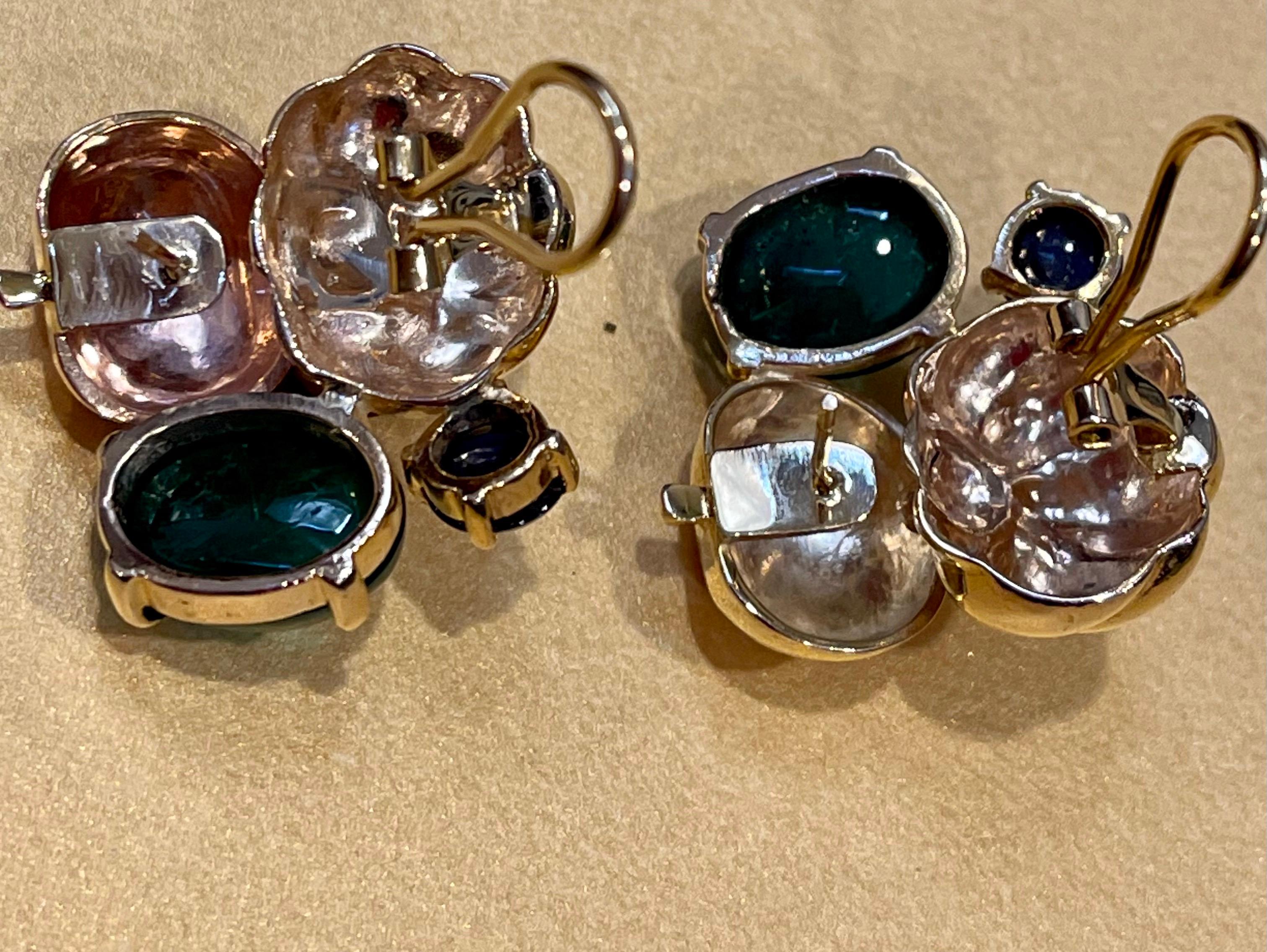 Clips d'oreilles en or jaune 14 carats avec diamants et émeraudes cabochons de 12 carats, ancienne propriété en vente 7