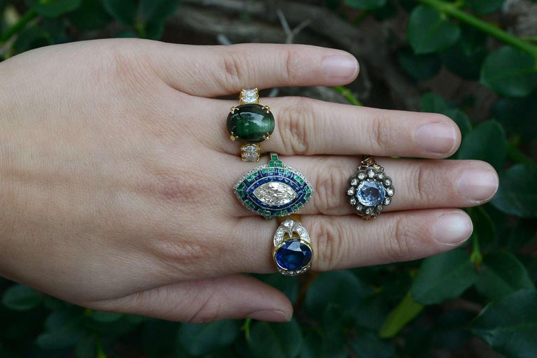 12 Carat Cat's Eye Green Tourmaline Diamond Cocktail Ring Dome Cabochon