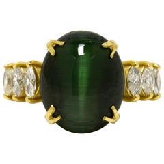 12 Carat Cat's Eye Green Tourmaline Diamond Cocktail Ring Dome Cabochon 18K Gold