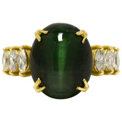 12 Carat Cat's Eye Green Tourmaline Diamond Cocktail Ring Dome Cabochon 18K Gold