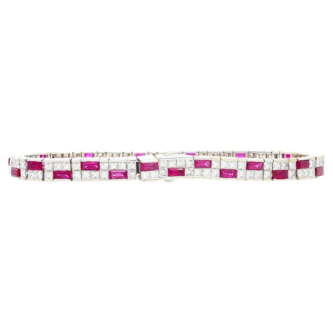 12 Carat Channel Set Art Deco Style Ruby & Diamond Bracelet in 18k White Gold