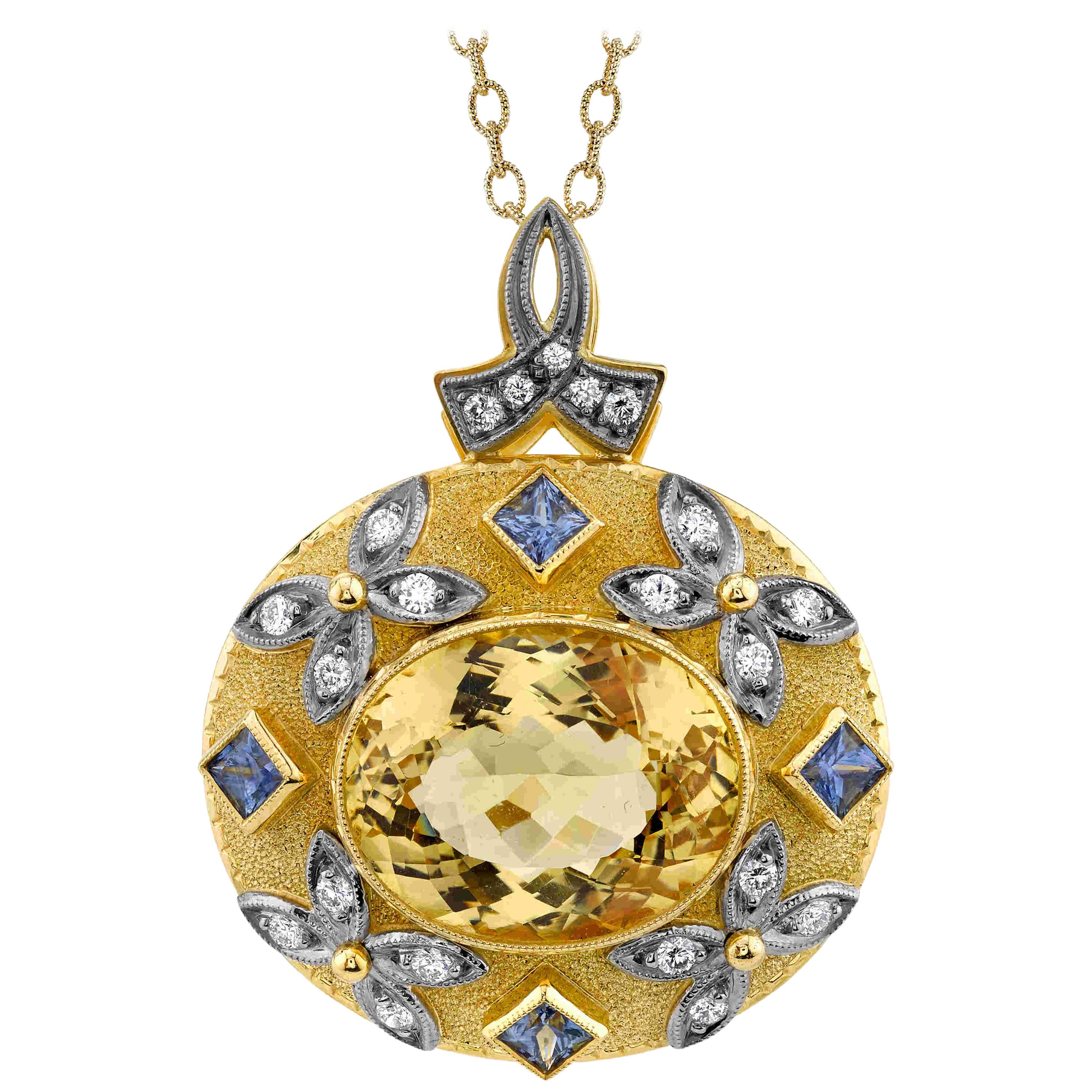 12 ct. Golden Chrysoberyl, Blue Sapphire, Diamond, Yellow, White Gold Pendant