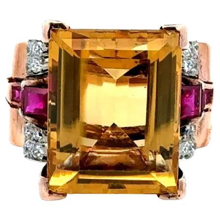 12 Carat Citrine Ruby OEC Diamond Platinum and Gold Retro Statement Ring