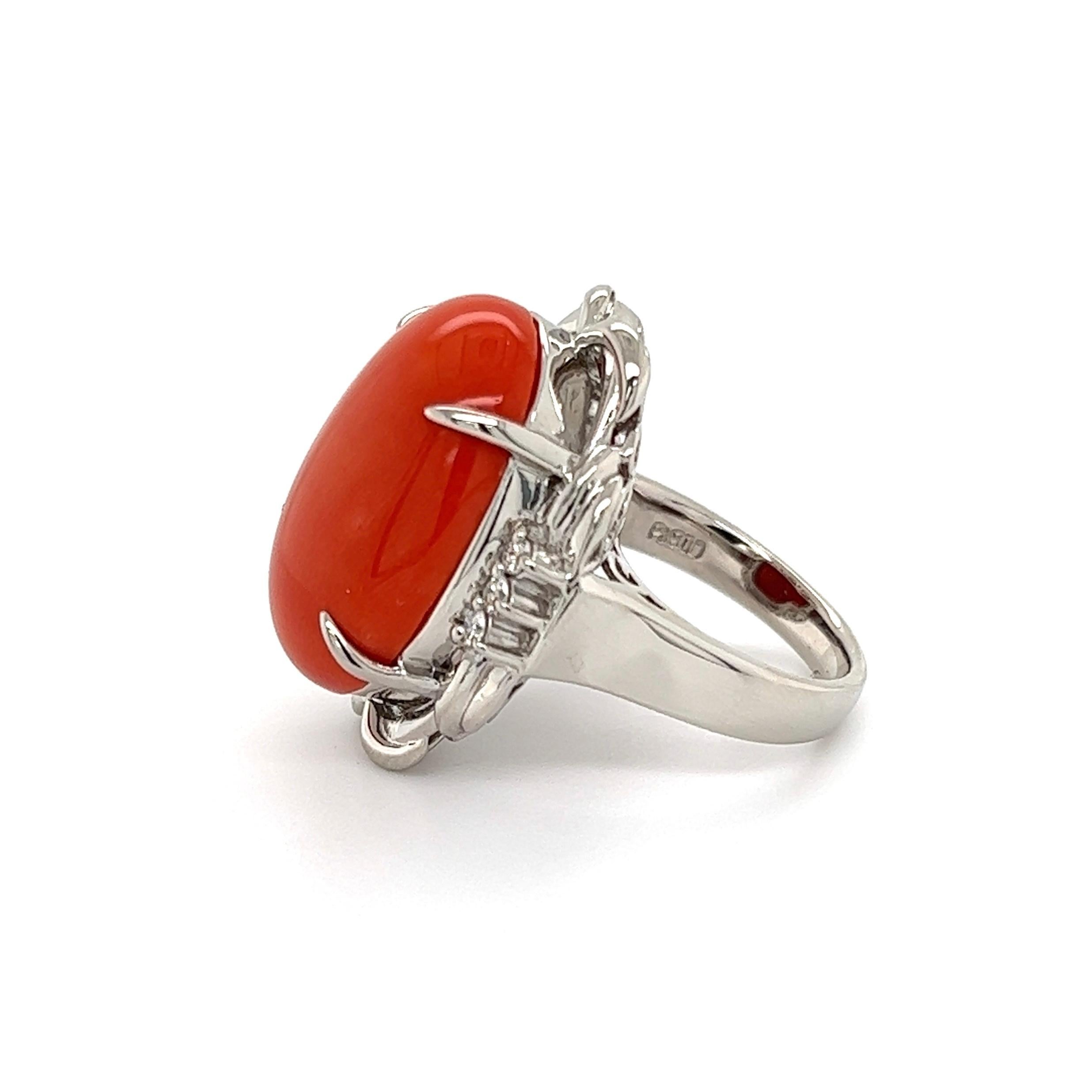 Contemporary 12 Carat Coral and Diamond Platinum Ring Estate Fine Jewelry For Sale