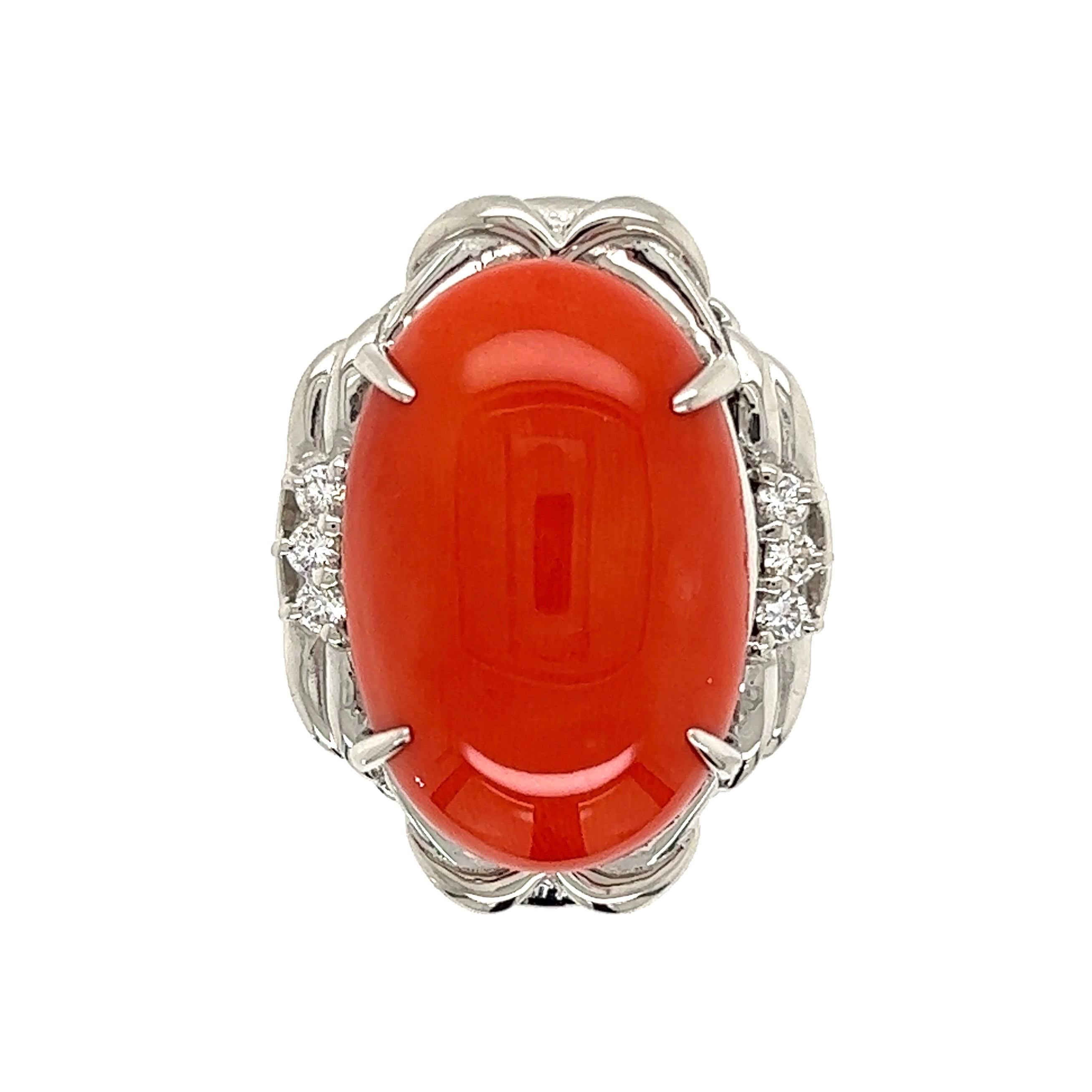 Women's 12 Carat Coral and Diamond Platinum Ring Estate Fine Jewelry For Sale