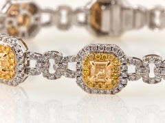12 Carat Cushion Cut Natural Fancy Yellow and White Diamond Bracelet 18K Gold