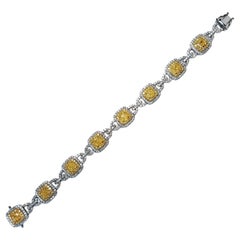 Bracciale con diamanti bianchi e gialli da 12 carati con taglio a cuscino, naturale e fantasia, in oro 18 carati
