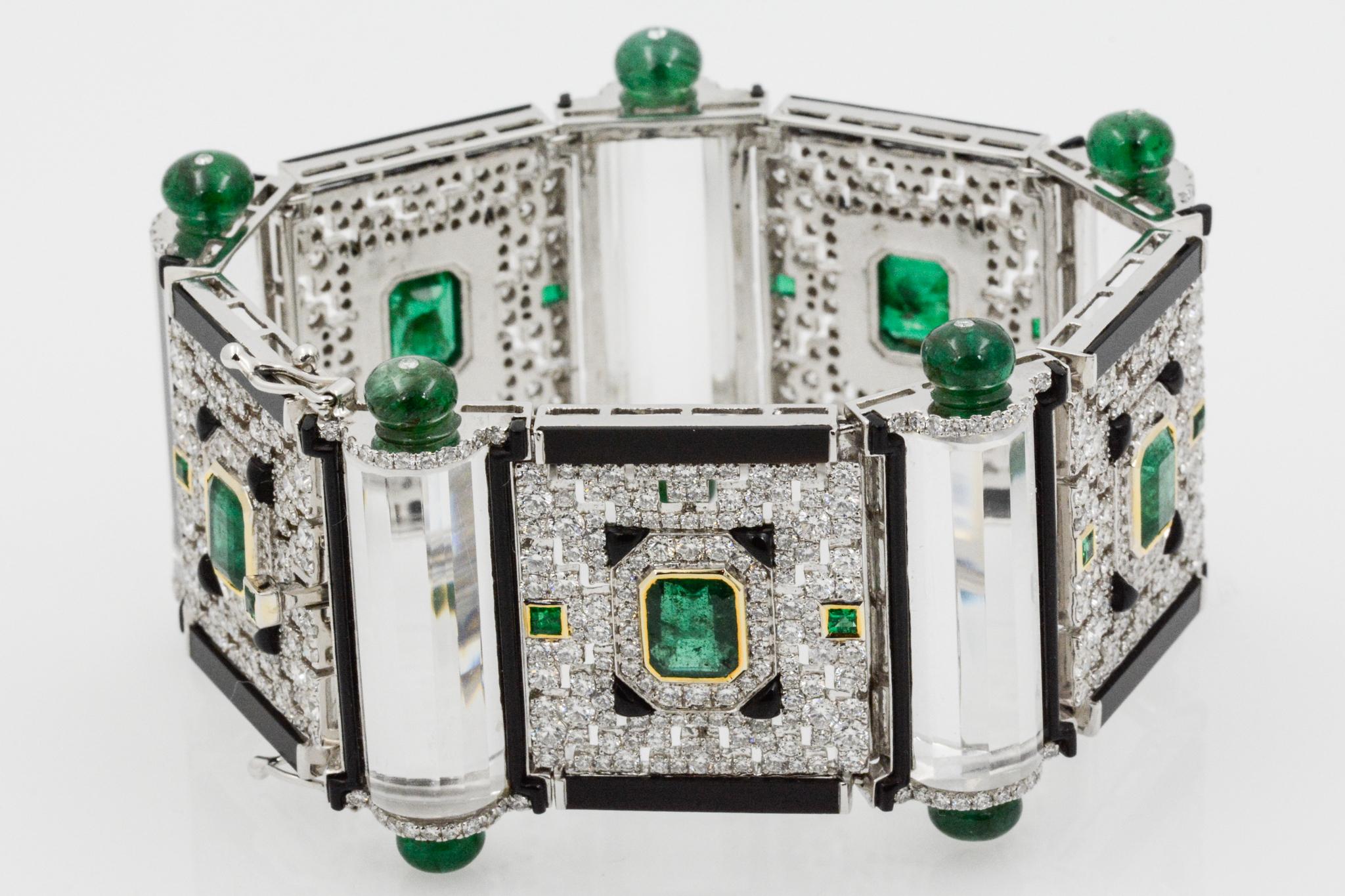 Art Deco 12 Carat Diamond and Emerald, Onyx and Crystal 18 Karat Gold Bracelet