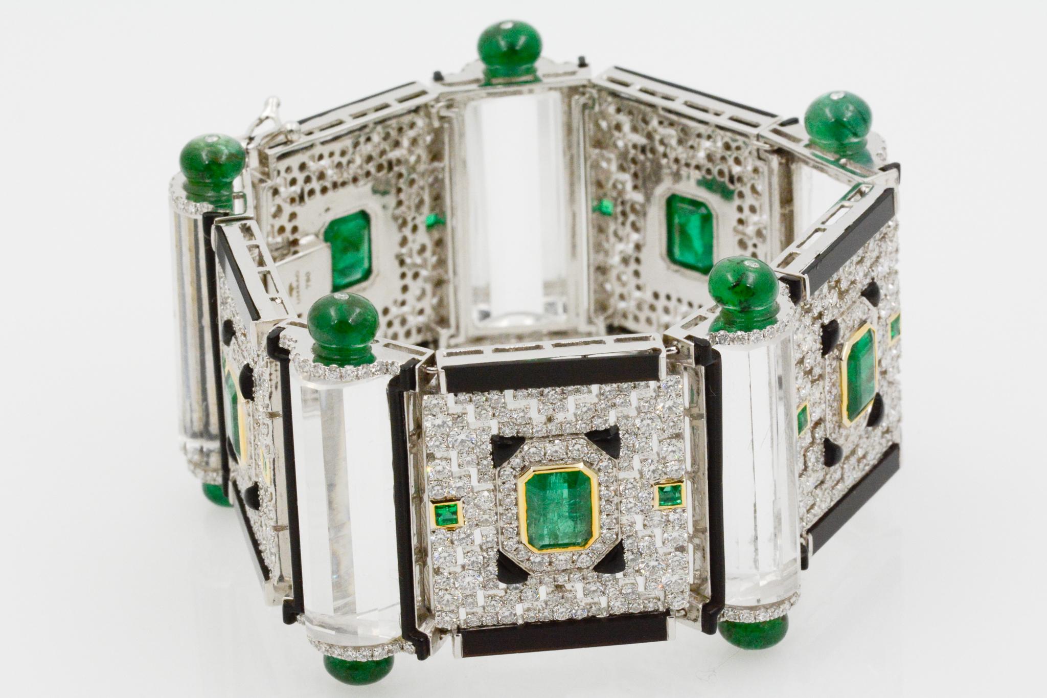 Emerald Cut 12 Carat Diamond and Emerald, Onyx and Crystal 18 Karat Gold Bracelet