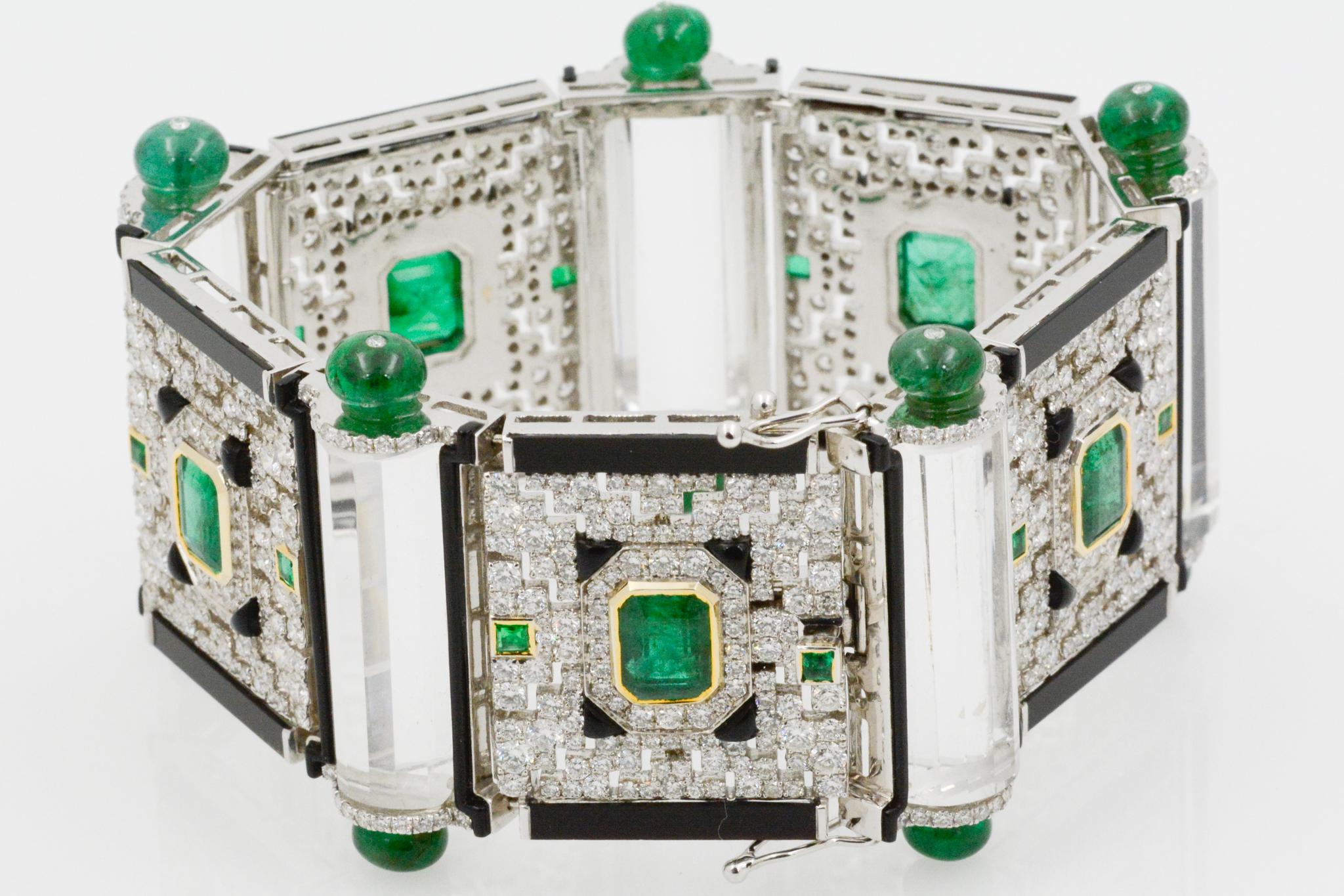 Women's or Men's 12 Carat Diamond and Emerald, Onyx and Crystal 18 Karat Gold Bracelet