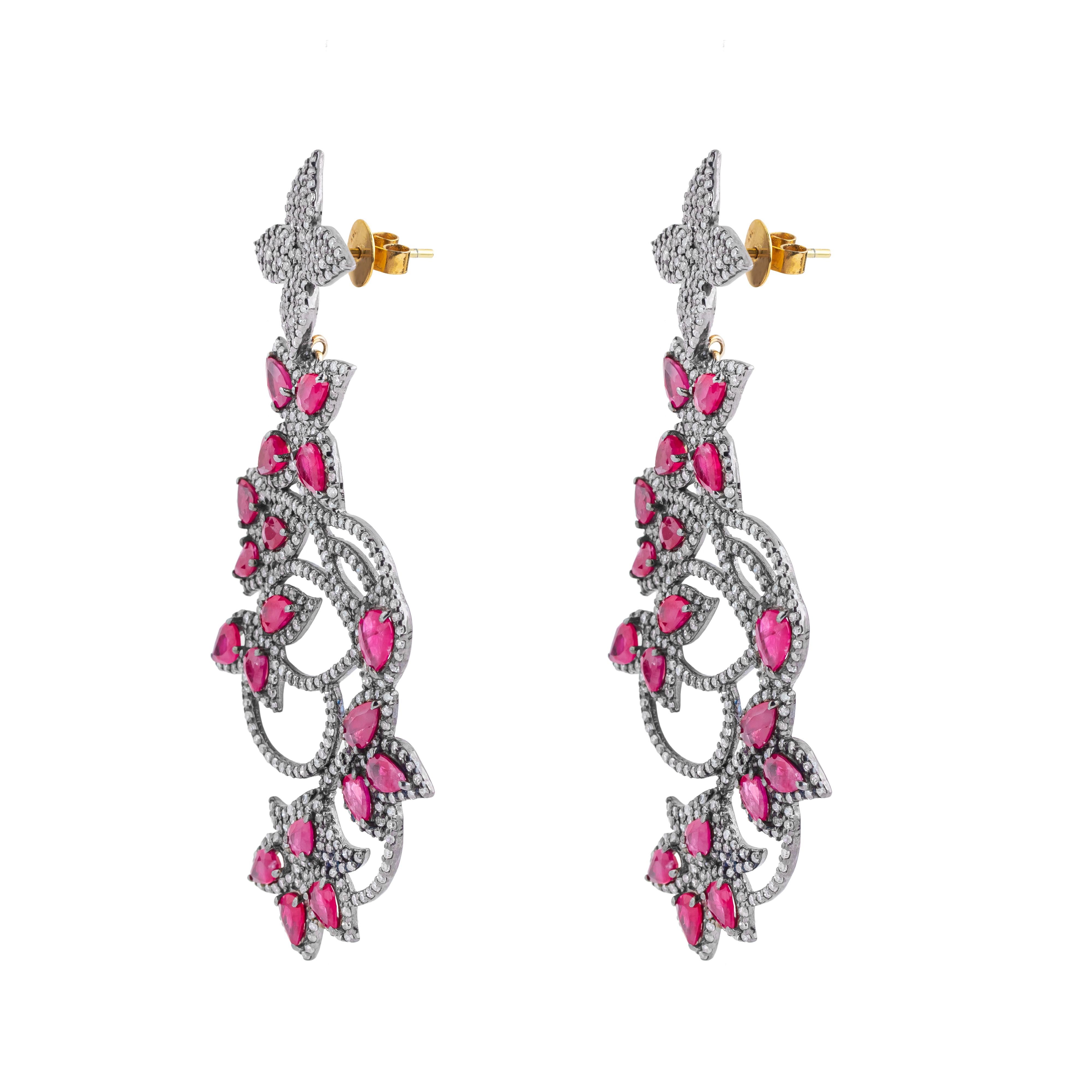 Round Cut 12 Carat Diamond and Ruby Fashion Earrings For Sale