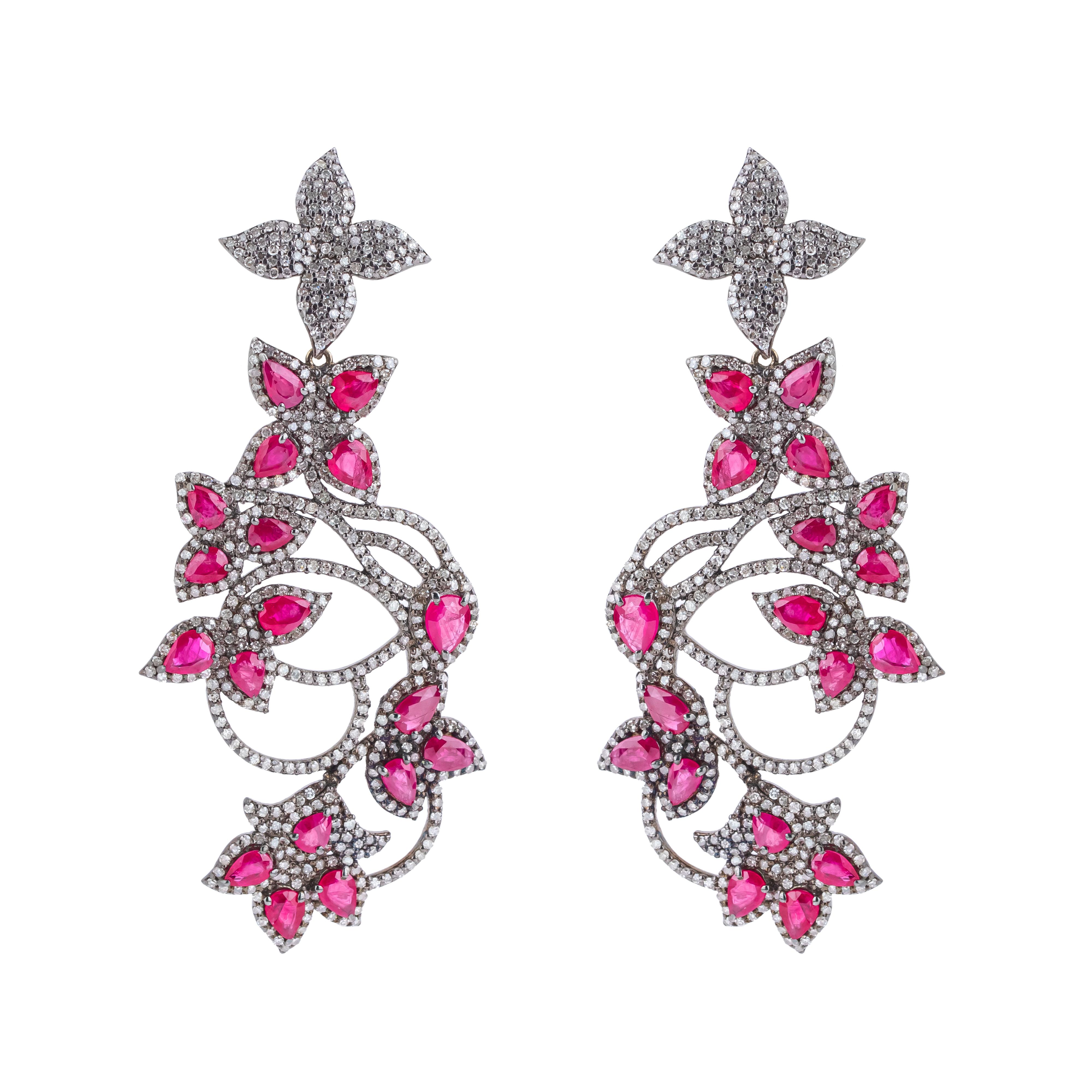Women's 12 Carat Diamond and Ruby Fashion Earrings For Sale