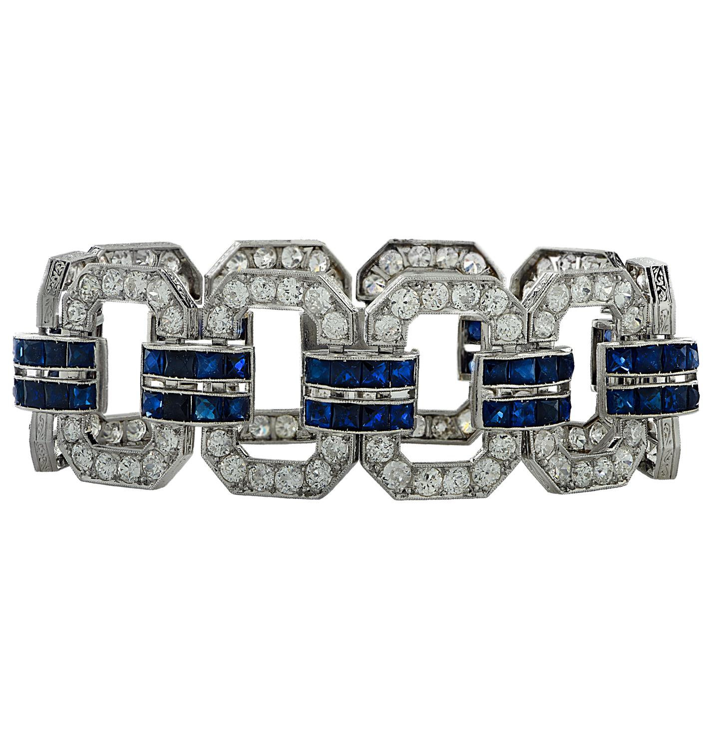 Old European Cut 12 Carat Diamond and Sapphire Art Deco Bracelet