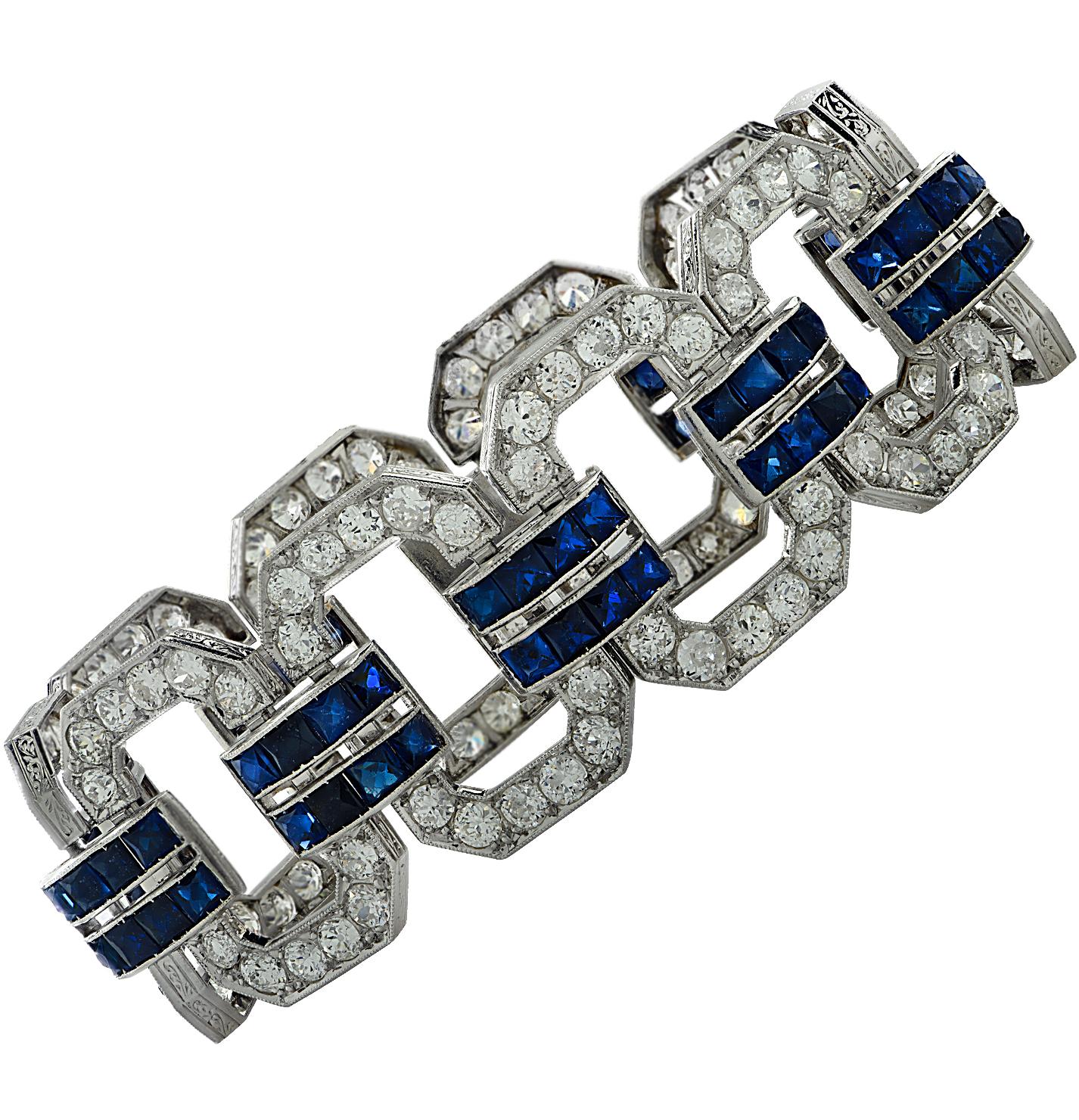 12 Carat Diamond and Sapphire Art Deco Bracelet In Good Condition In Miami, FL