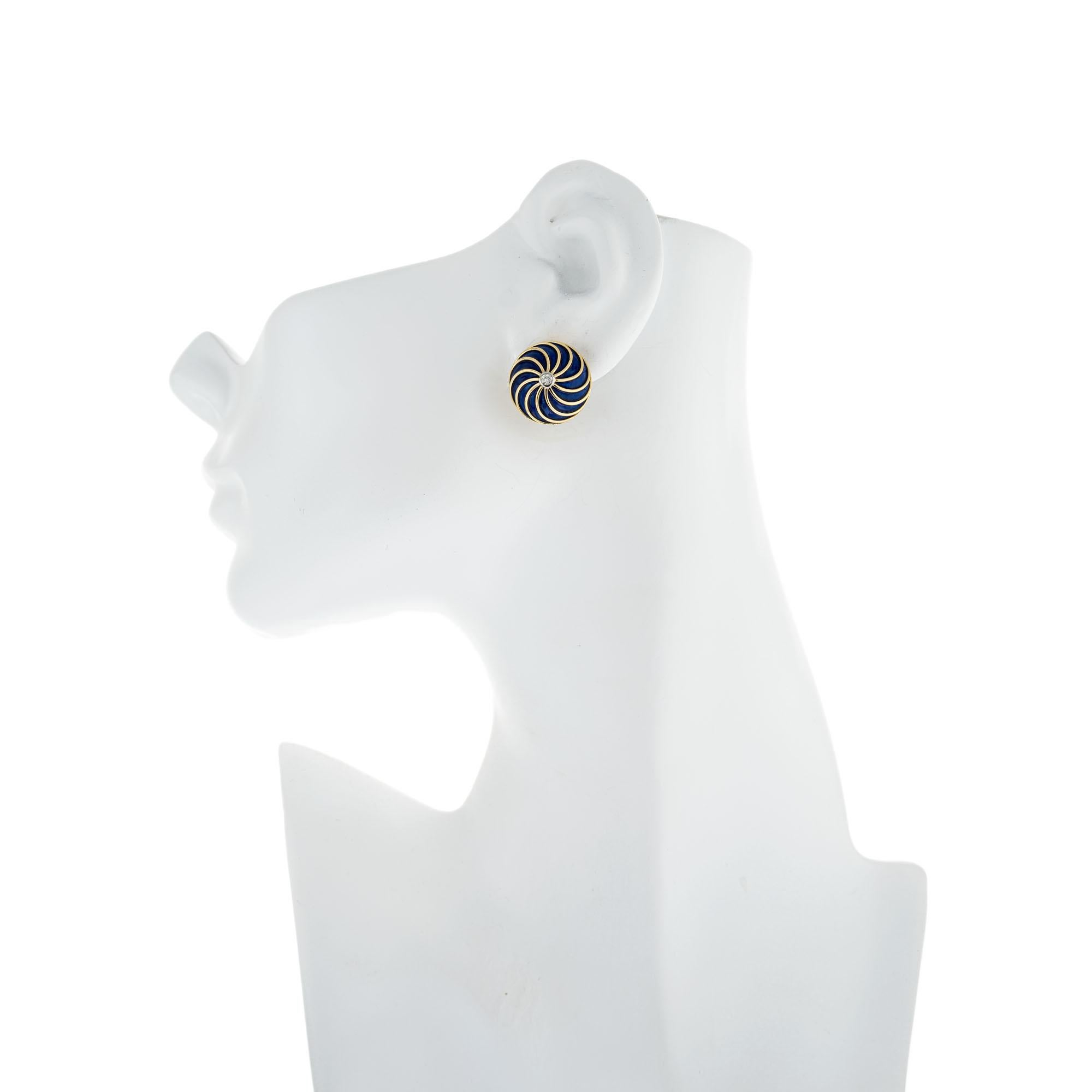 Women's .12 Carat Diamond Blue Enamel Yellow Gold Swirl Design Earrings For Sale