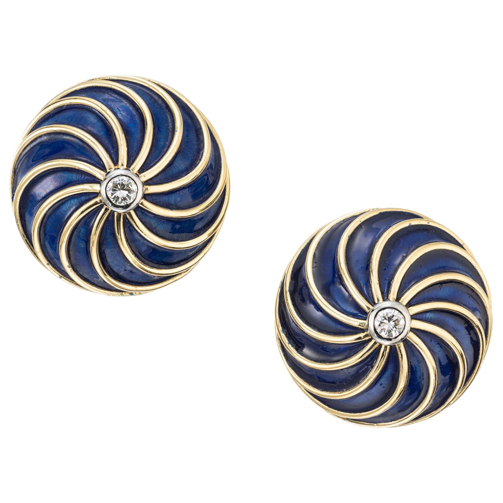 .12 Carat Diamond Blue Enamel Yellow Gold Swirl Design Earrings For Sale