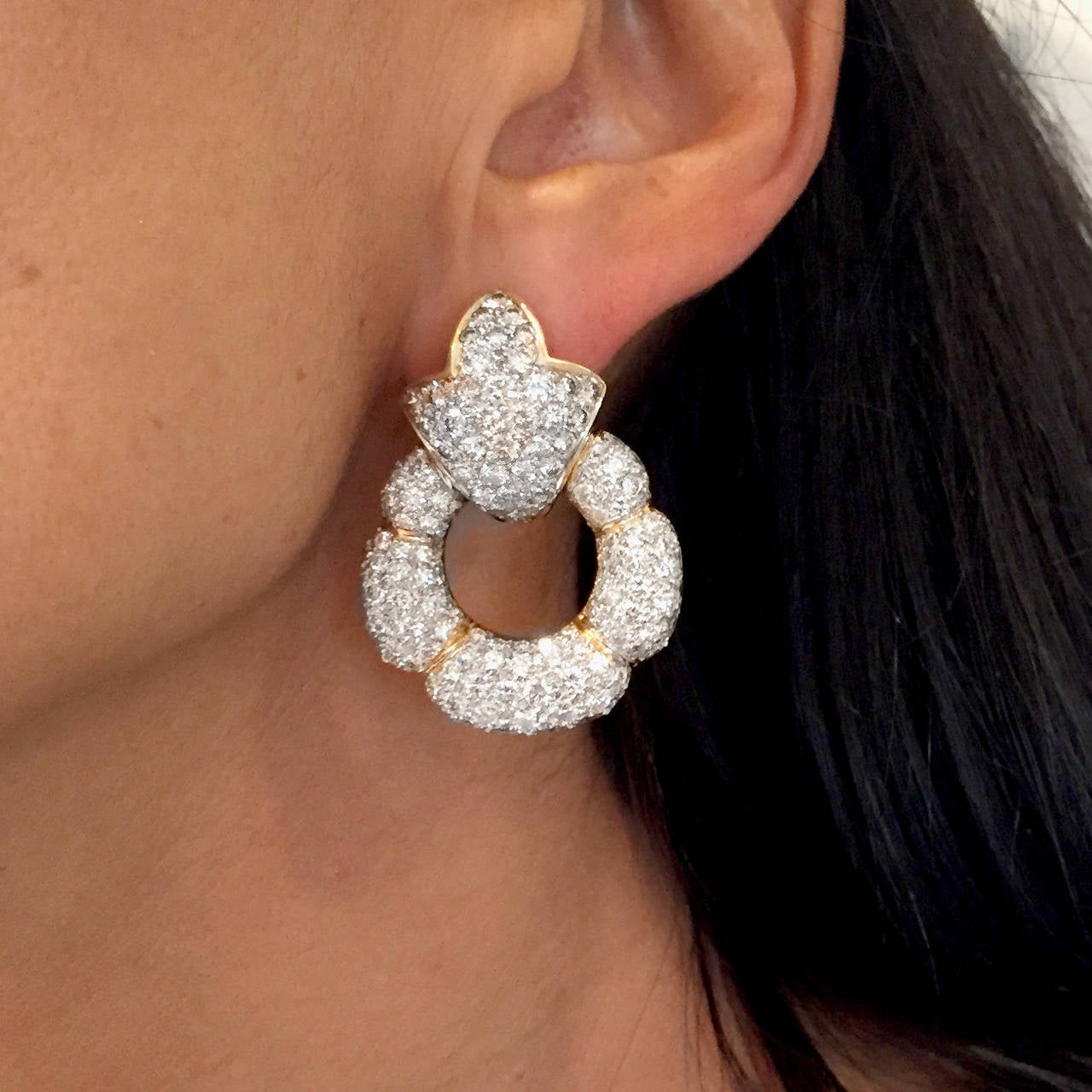 12 Carat Diamond 18k Gold Door Knocker Earrings In Excellent Condition In New York, NY