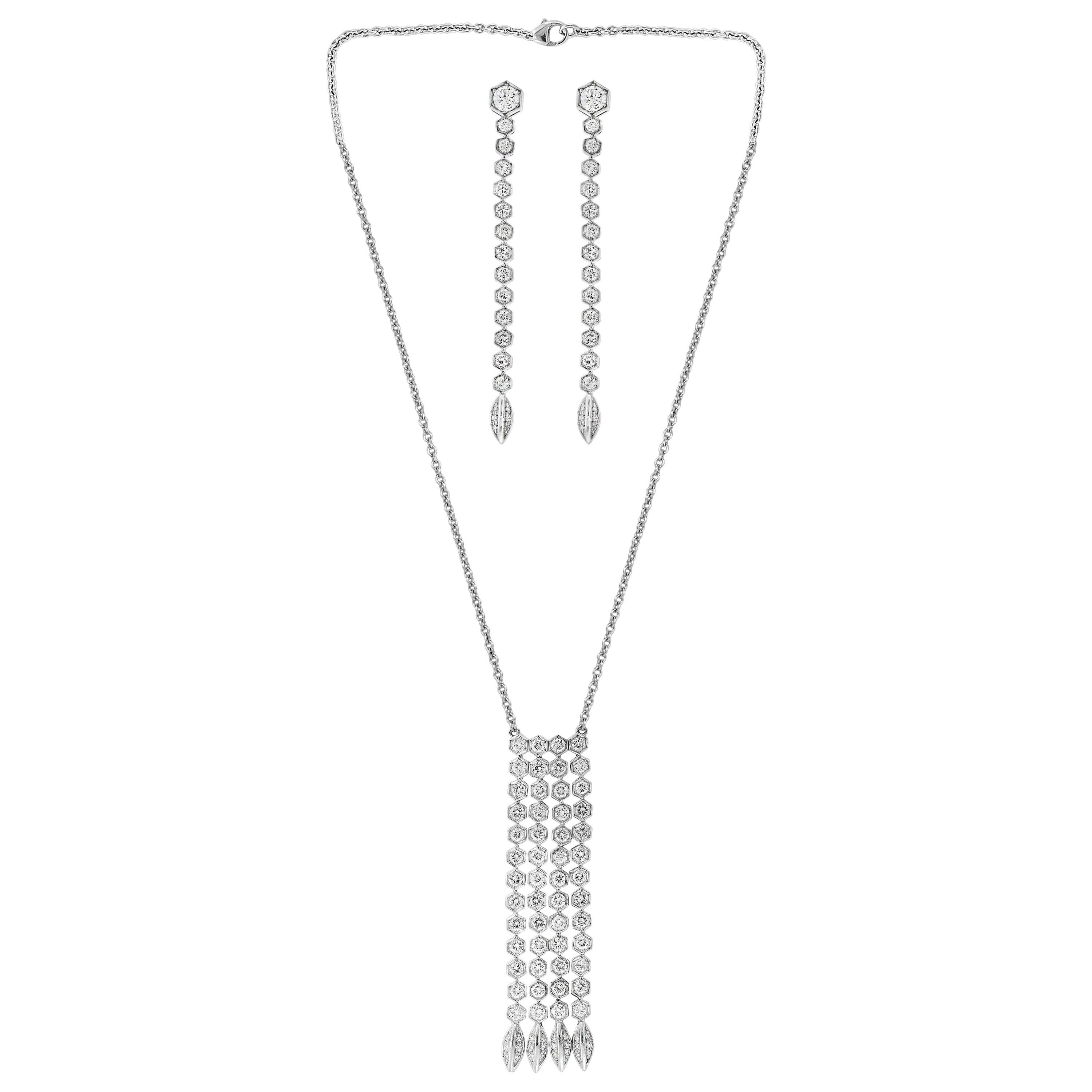 12 Carat Diamond Line Necklace and Line Earring Suite in 18 Karat White Gold