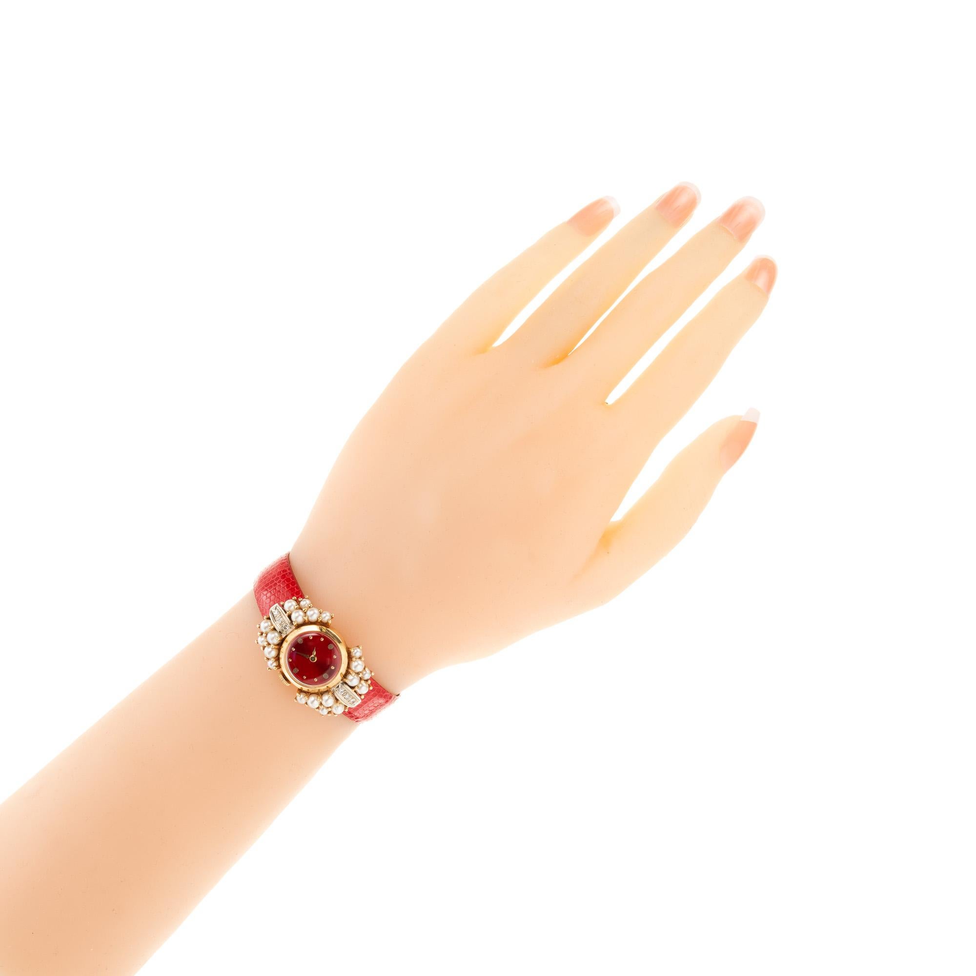 Round Cut .12 Carat Diamond Pearl Lady in Red Ladies Wristwatch For Sale