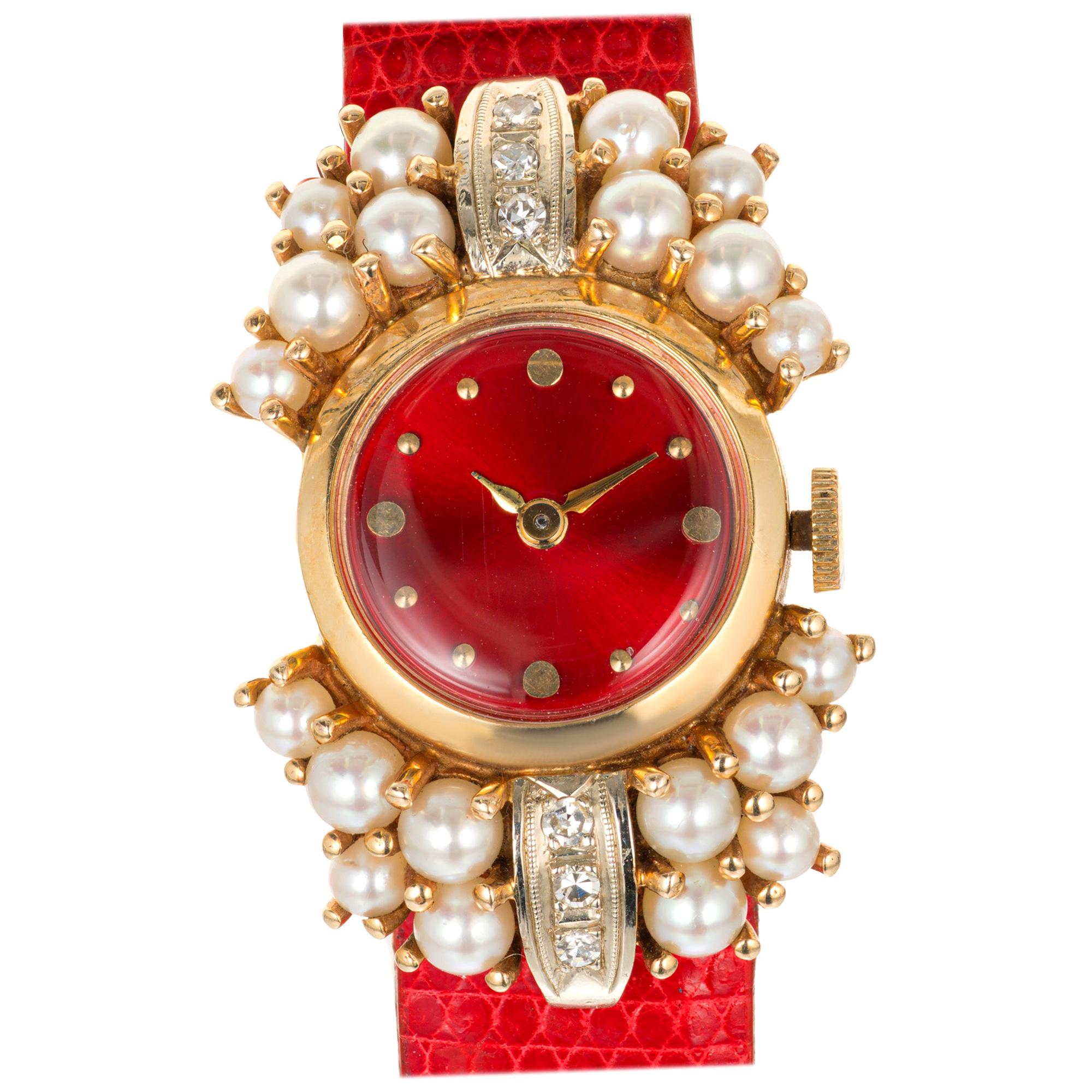 .12 Carat Diamond Pearl Lady in Red Ladies Wristwatch For Sale