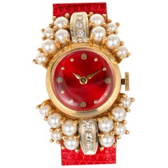 Vintage .12 Carat Diamond Pearl Lady in Red Ladies Wristwatch